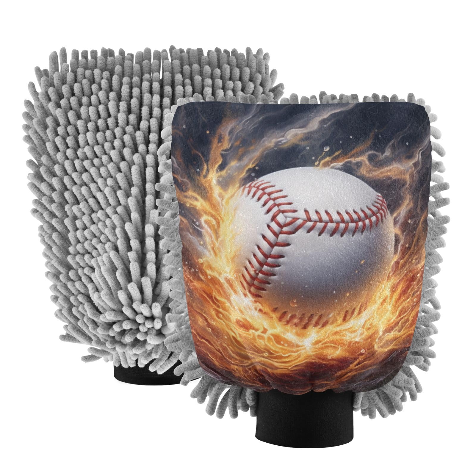 Hezely Fire Baseball Car Wash Mitt, 2PK Scratch Free Lint-Free for Car Washing and Detailing