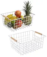 Wire Basket with Wooden Handle, Metal Utility Storage Basket for Organizing Kitchen Pantry Cabinets, Closet and Garage Shelves Drawers, Office Metal Basket Storage Organizer with Handle (White 2 Pack)