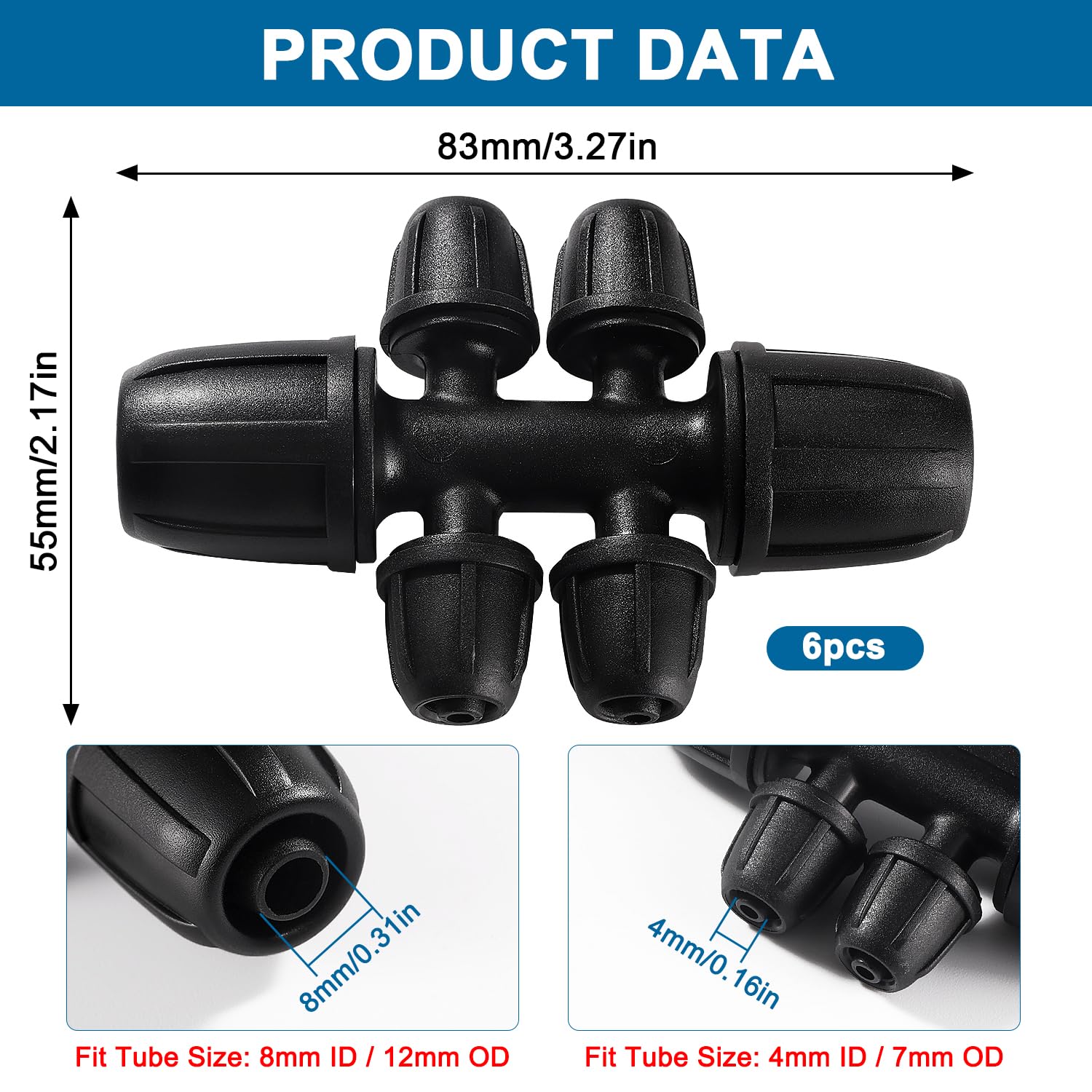 VooGenzek 6 PCS Barbed Tee Connector for Drip Irrigation 6-Way Anti-Drop 8/12 mm to 4/7 mm Irrigation Tube Fitting - Image 2