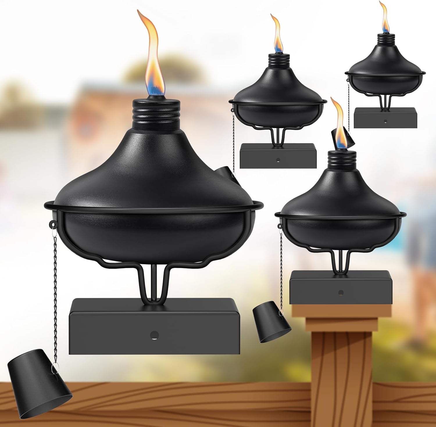 Citronella Post Cap Lights 4 Pack, Black Outdoor Fence Post Torches, 24oz Outside Citronella Deck Light for 4x4 5x5 6x6 Posts, Metal Garden Torch for Garden Décor, Backyard, Patio