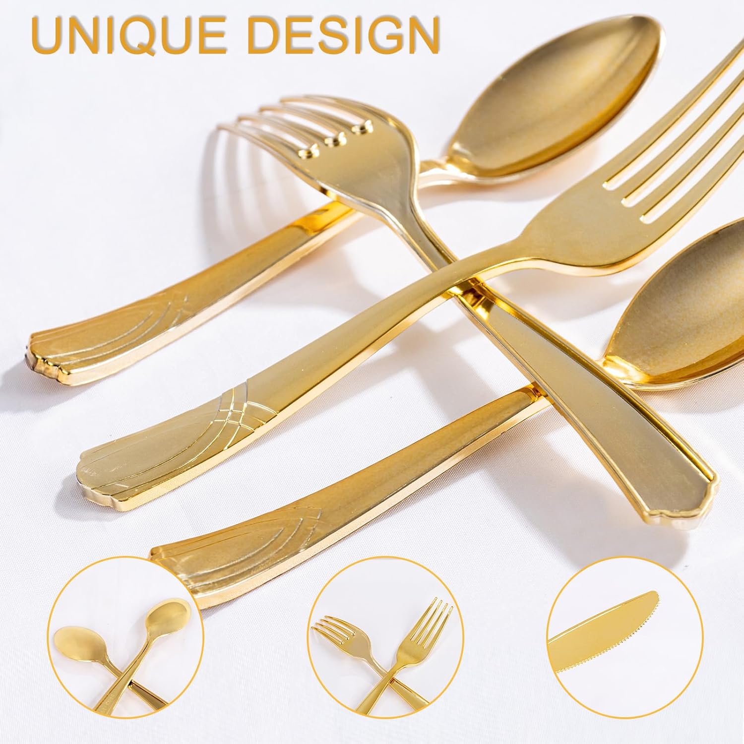 DaYammi 150Pcs Gold Disposable Silverware,Christmas Plastic Cutlery Set - 50 Forks, 50 Knives, 50 Spoons - Gold Disposable Utensils Set Heavy Duty Plastic Flatware for Party, Wedding