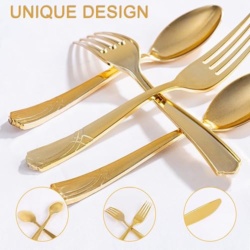 Miniatura 2 de DaYammi Juego de 150 cubiertos de plástico desechables dorados, 50 tenedores, 50 cuchillos, 50 cucharas, juego de utensilios desechables dorados de