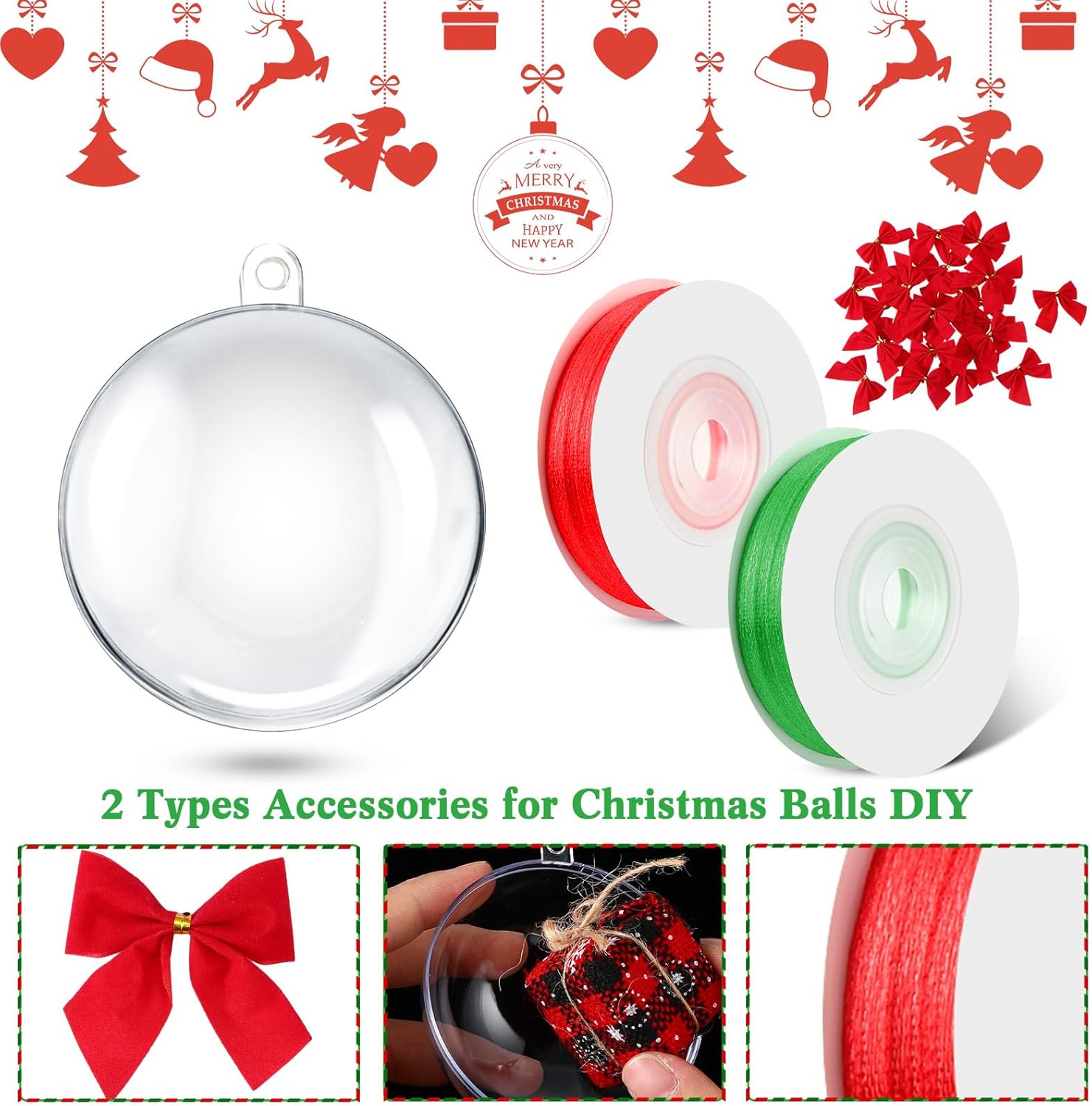 Liliful 100 Pcs Clear Christmas Plastic Ornament Ball 2.76 Inch/ 70 mm Fillable Ball Ornaments Hanging Christmas Spheres with 100 Bows 2 Red and Green Ribbons for DIY Craft Xmas Tree Decorations