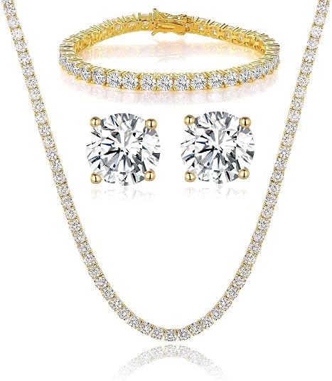 Gemsme 18K White Gold Plated Jewelry Set – Tennis Necklace, Bracelet, Earrings & Ring (4PCS)