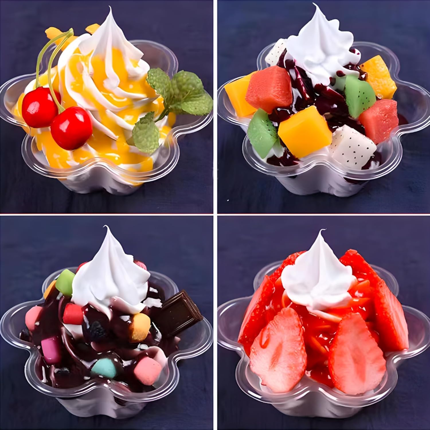 LATERN 60 Pièces Coupes à Dessert en Plastique avec Cuillères, 240ml Tasses à Dessert en Forme de Fleur Gobelets Transparentes pour Apéritifs Bols de Service Réutilisables pour Pudding Mousse Fête