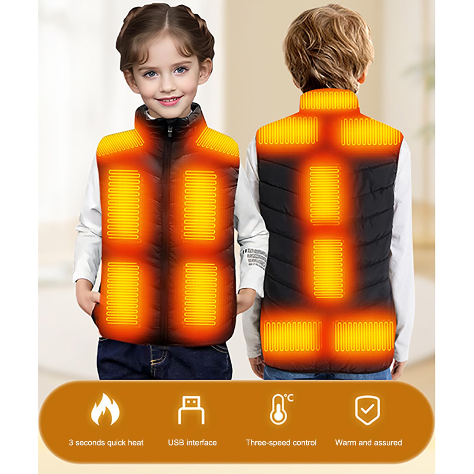 2025 Neu Beheizbare Weste Kinder Sale, Beheizbare Jacke mit 13 Heizzonen für Jungen Mädchen, 3 Einstellbare Temperatur USB Elektrische Heizweste Schnelles Aufheizen Wärmeweste für Outdoor Wandern