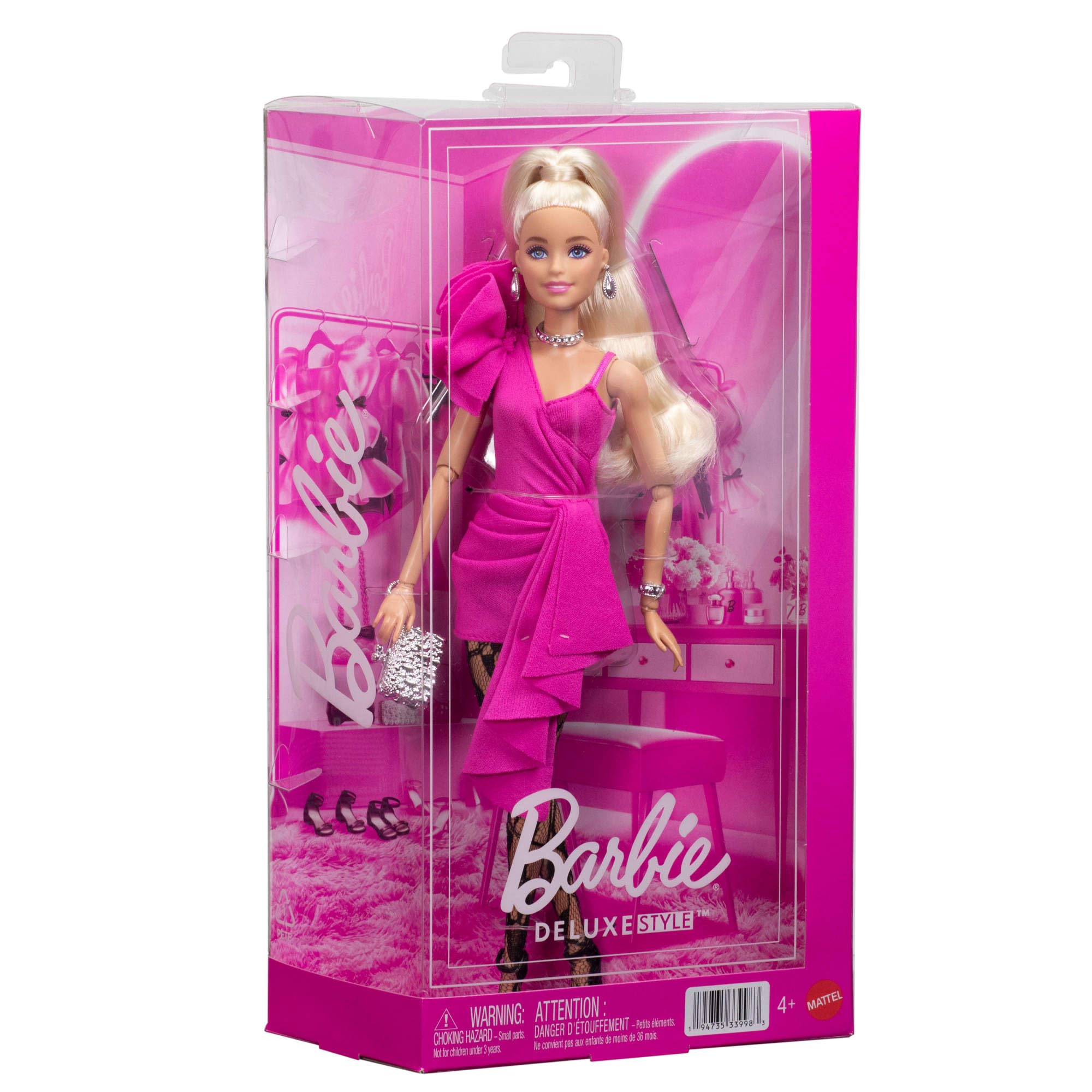 Barbie Deluxe Style-Puppe Nr. 15 mit knallpinkem Barbiecore-Kleid, blondem Pferdeschwanz, schwarzen Spitzenstrumpfhosen, Einer silbernen Clutch und Silberschmuck, JJN73