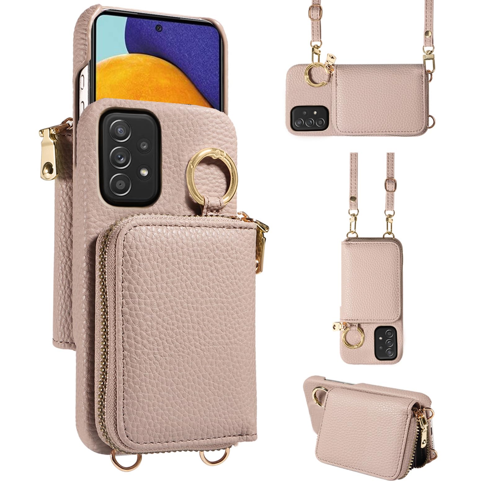Furiet Wallet Case for Samsung Galaxy A52/A52S 5G with Shoulder Strap Ring Buckle, PU Leather Zipper Organ Purse, Credit Card Holder Stand Cell Phone