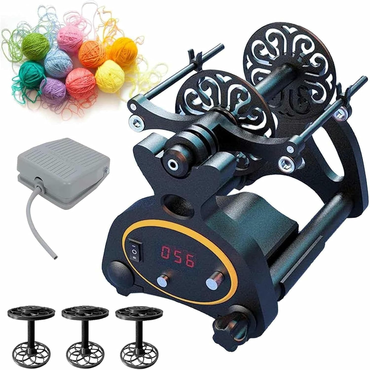 Electric Spinning Wheel, Wool Spinner, 800rpm Automatic Knitting Yarn Winding Machine for Yarn Weaving/Blending Roving, with 3pcs Spools&Pedal,Digital Display,A