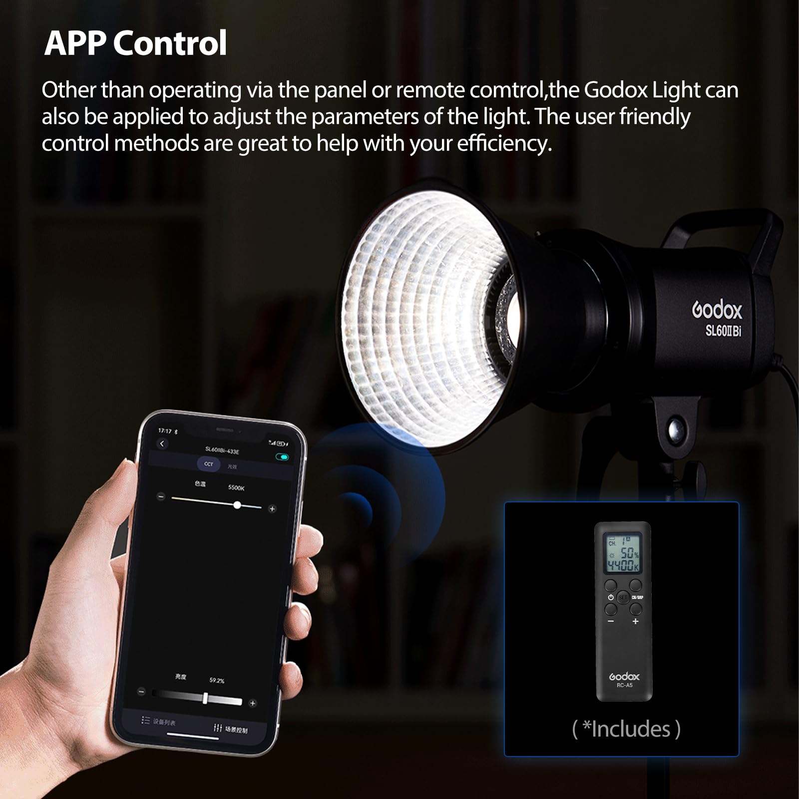 Godox SL60II-Bi LED Video Light 2800K-6500K Bi-Color Continuous Light with App&Remote Control + PS60 Round softbox with Honeycomb Grid, Light Stand