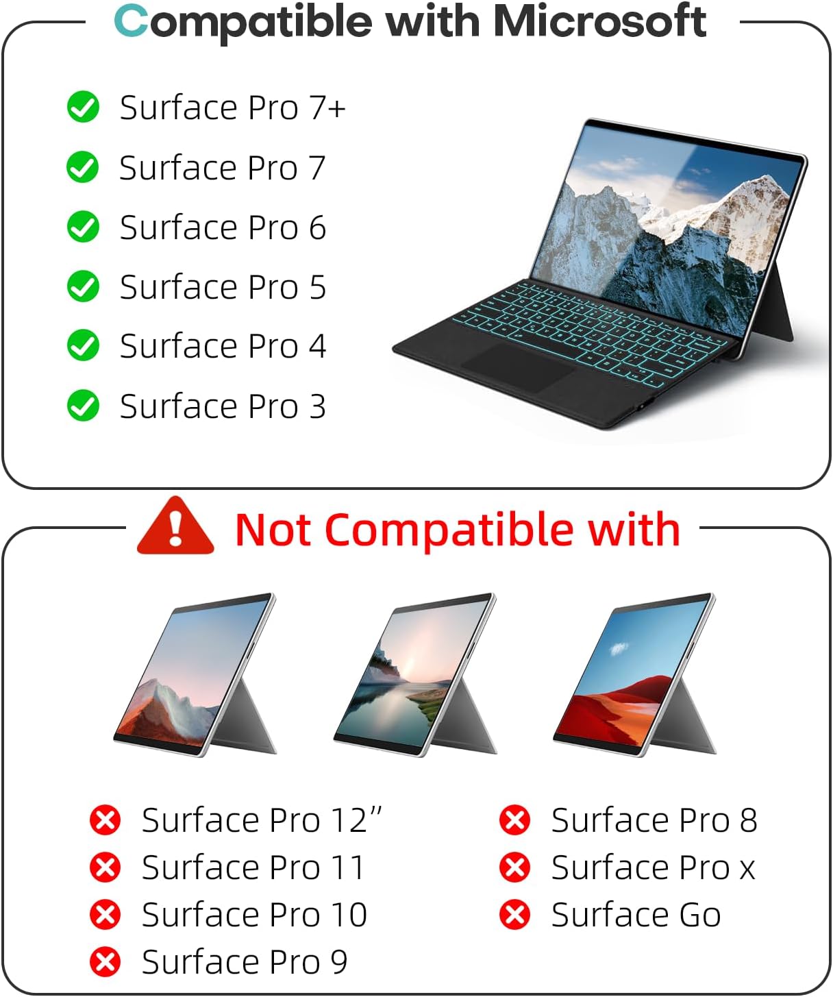 Surface Pro Keyboard for Microsoft Surface Pro 7/6/5/4/3 7 Plus 12.3 inch, 7 Color Backlit Wireless Type Cover, Bluetooth Ultra-Slim Portable Ergonomic Keyboard with Trackpad, Rechargeable Battery 12.3 inch Surface Pro 7/6/5/4/3 7 Plus
