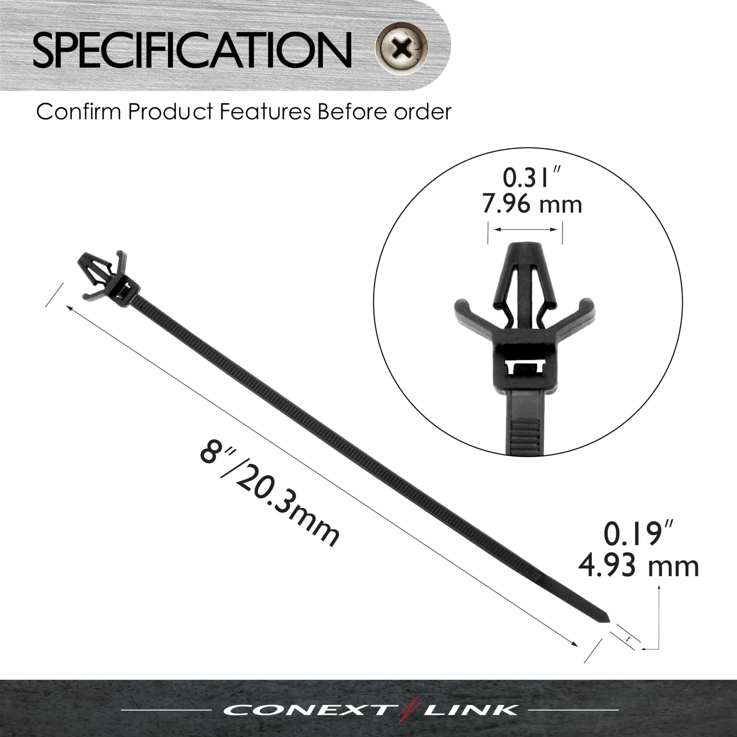 100 bridas de cable de nailon UV con cabeza de flecha, soporte de empuje de 22,7 kg, 18,2 cm, color negro