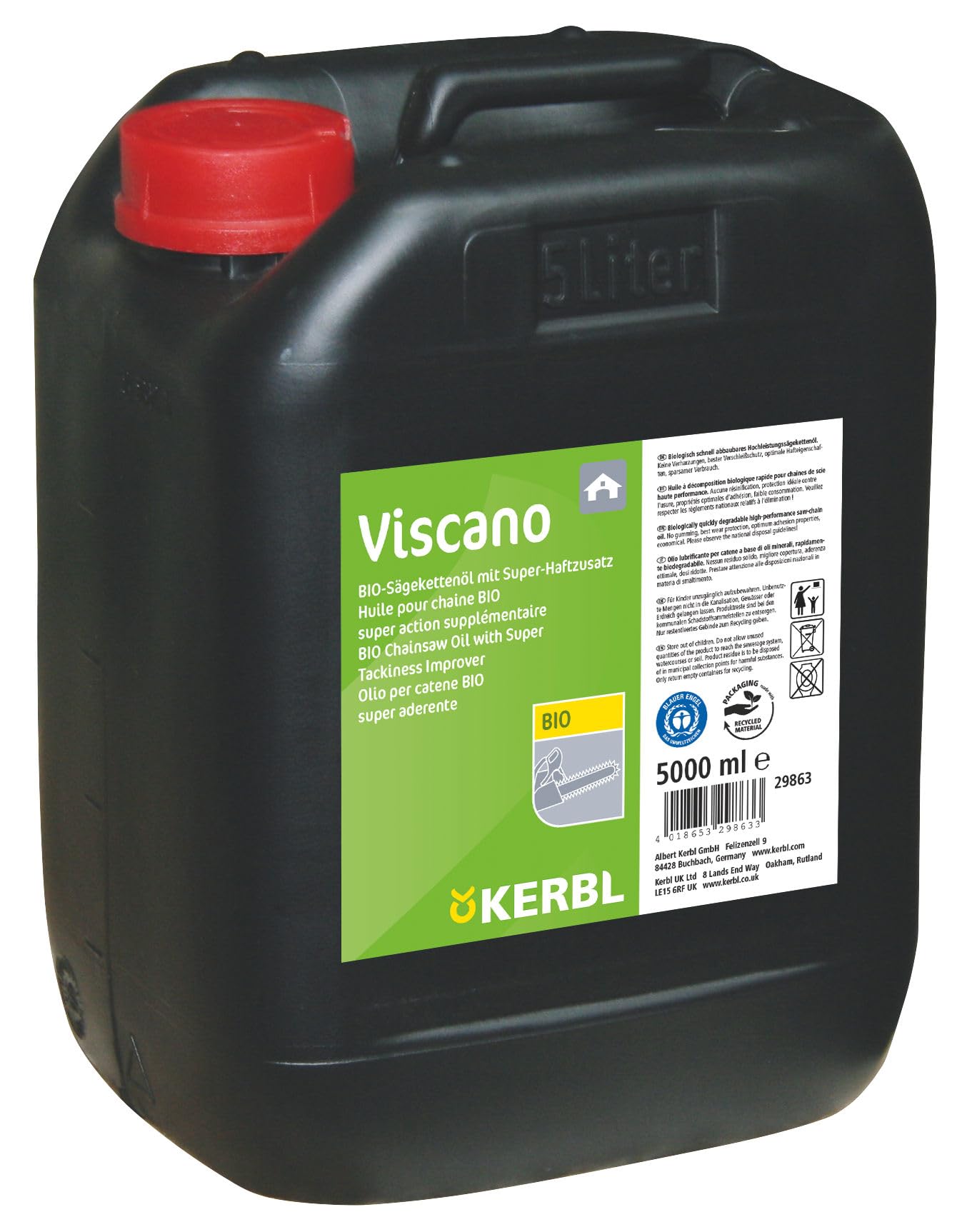 KERBL Aceite de cadena de motosierra ecológico Viscano (contenido 5 litros, respetuoso con el medio ambiente, lubricación de motosierras, aceite para motosierras, biodegradable) 29863