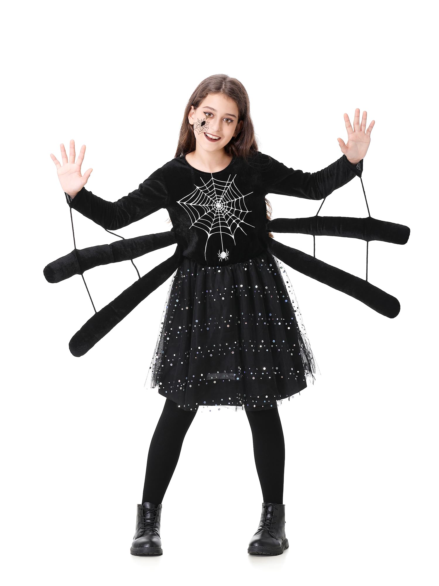 Halloween Black Spider Costume for Kids Spider Dress with Legs Girl Fancy Dress with Spider Web Glittering Polka Dot