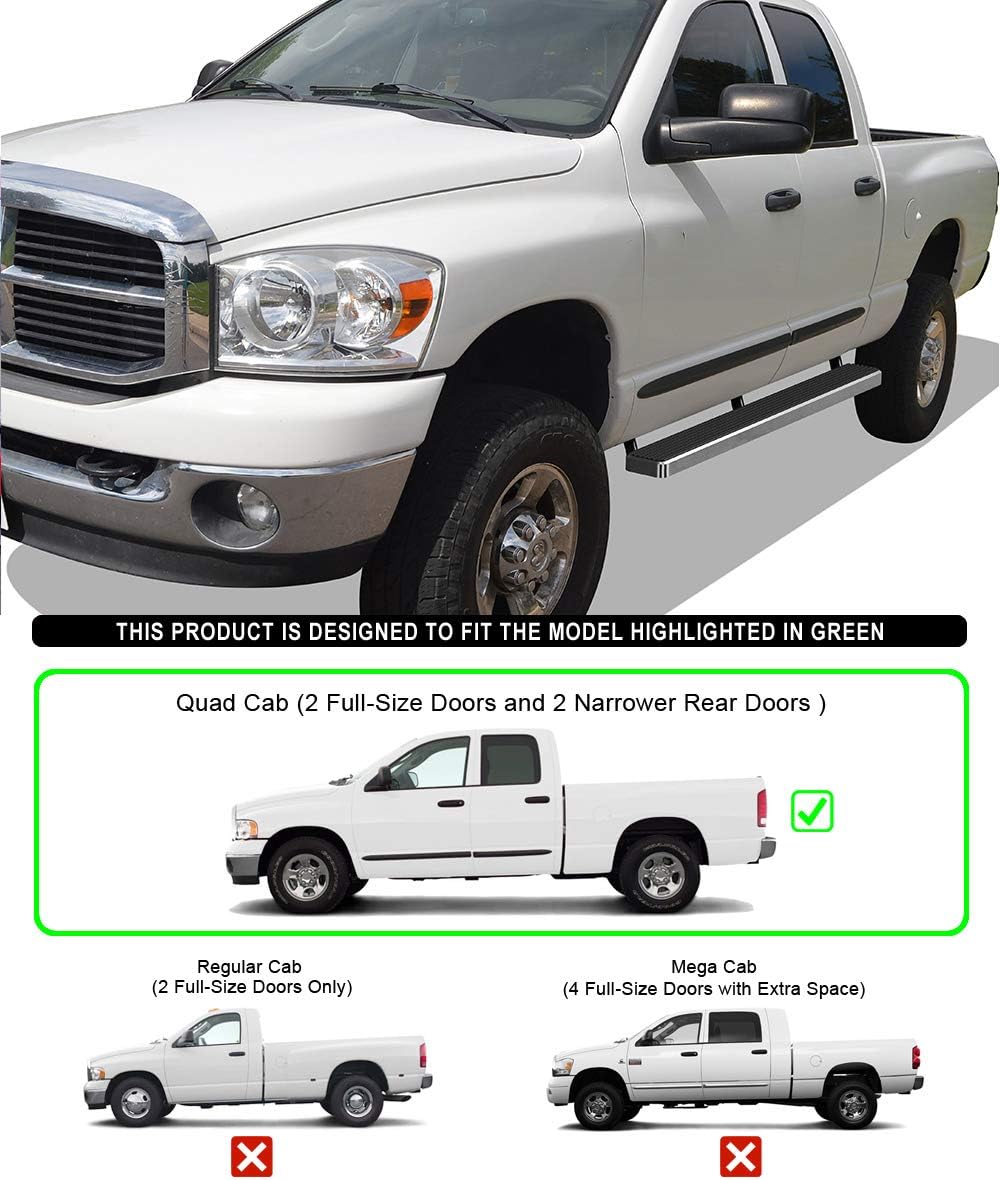 APS Running Boards (Nerf Bars Side Steps Step Bars) Compatible with Dodge Ram 1500 2002-2008 Quad Cab & Ram 2500 3500 2003-2009 (Silver 5in 304 Stainless Steel)