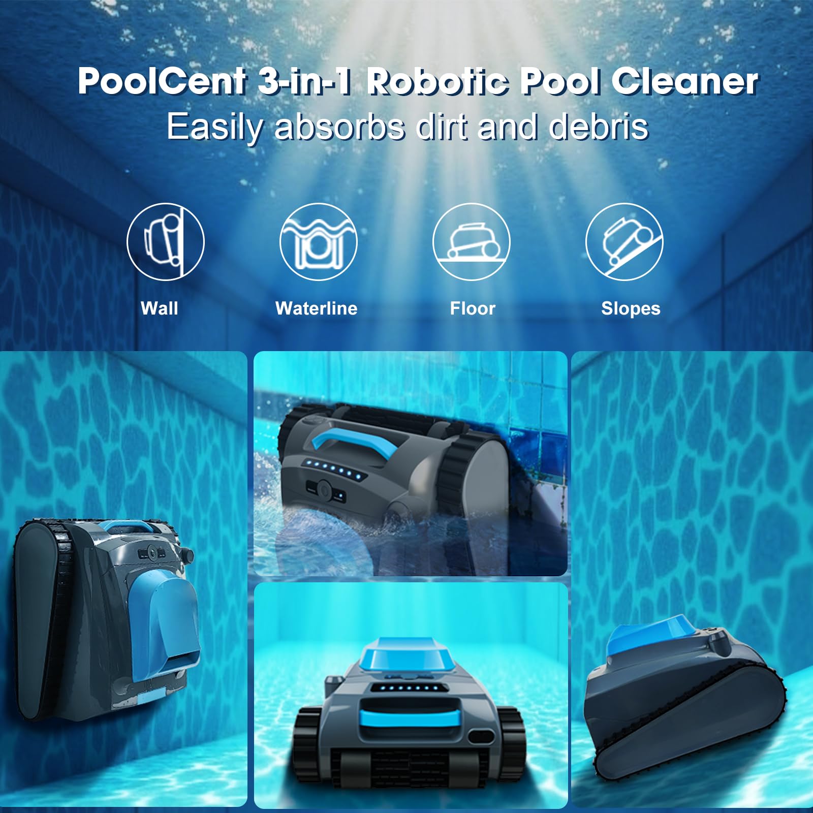 Limpiador de piscina robótico automático inalámbrico, filtro de 4 litros, 2 horas, aspiradora de piscina con función de escalada de pared, actualización de programa a través de Bluetooth, soporte de