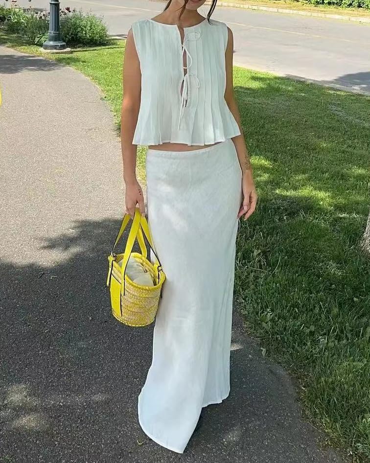 Linen 2 Piece Set: Women's White Tie Front Sleeveless Pleated Top + Loose Maxi Skirt4