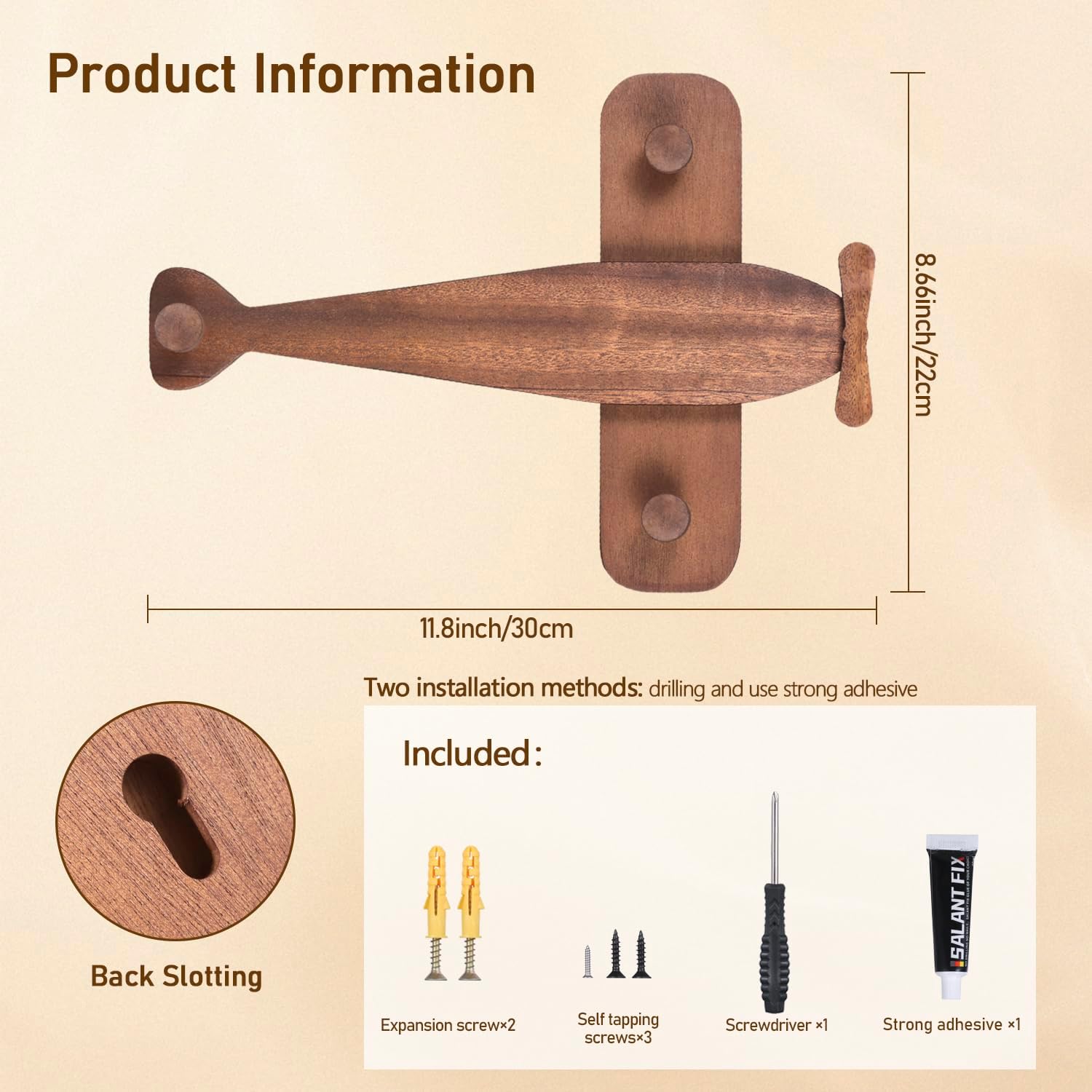 Coat Hooks Walnut Wall Mount, Handmade Airplane-Shaped Wooden Wall Coat Rack，Cute 3 Hooks Coat Hanger Heavy Duty Modern Decor for Home, School, Office, Shop Window