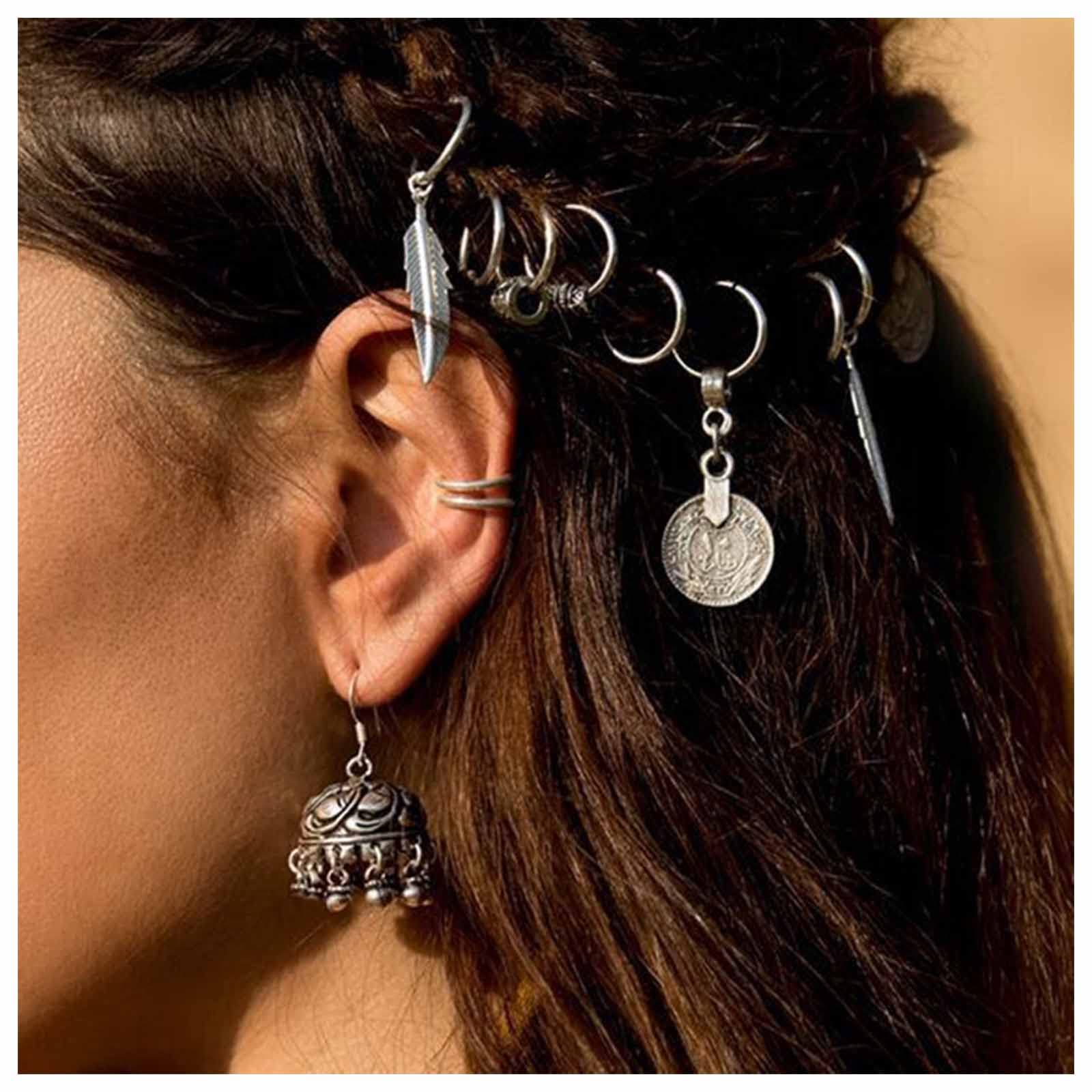 Dervivea Vintage Pluma Rastas Anillos De Pelo De Plata Anillos De Pelo Clip De Metal Círculo Trenzas Clip De Pelo De Hoja Bucles Accesorios Para El Cabello Decorativo Para Las Mujeres Y Las