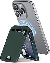Nakedcellphone RFID Flip Wallet Credit Card ID Holder and Hinge Stand for iPhone 17/16/15/14/13 Series (Compatible with MagSafe Case) - Holds 5 Cards - Dark Green