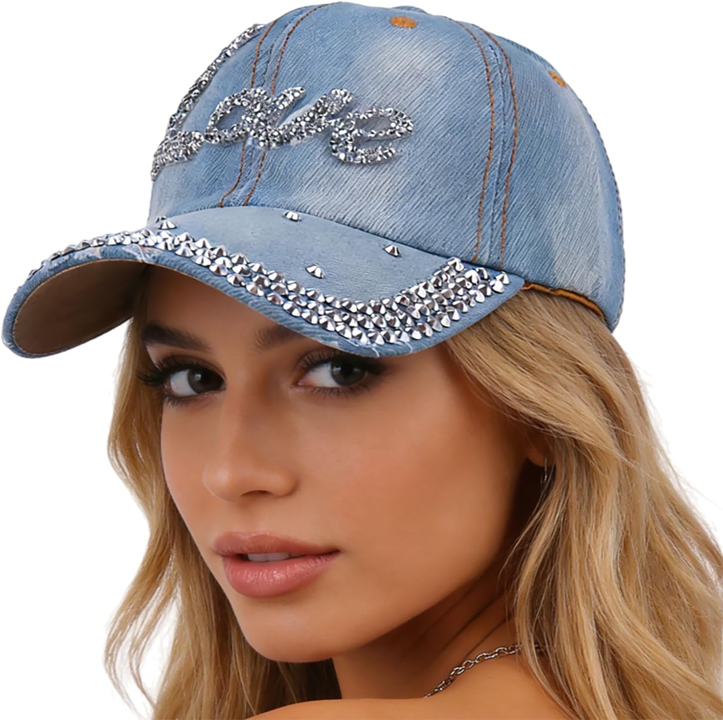 Rhinestone Denim Baseball Cap for Women Fashion Sun Hat Metal Buckle Adjustable Bling Diamond Traveling Hat