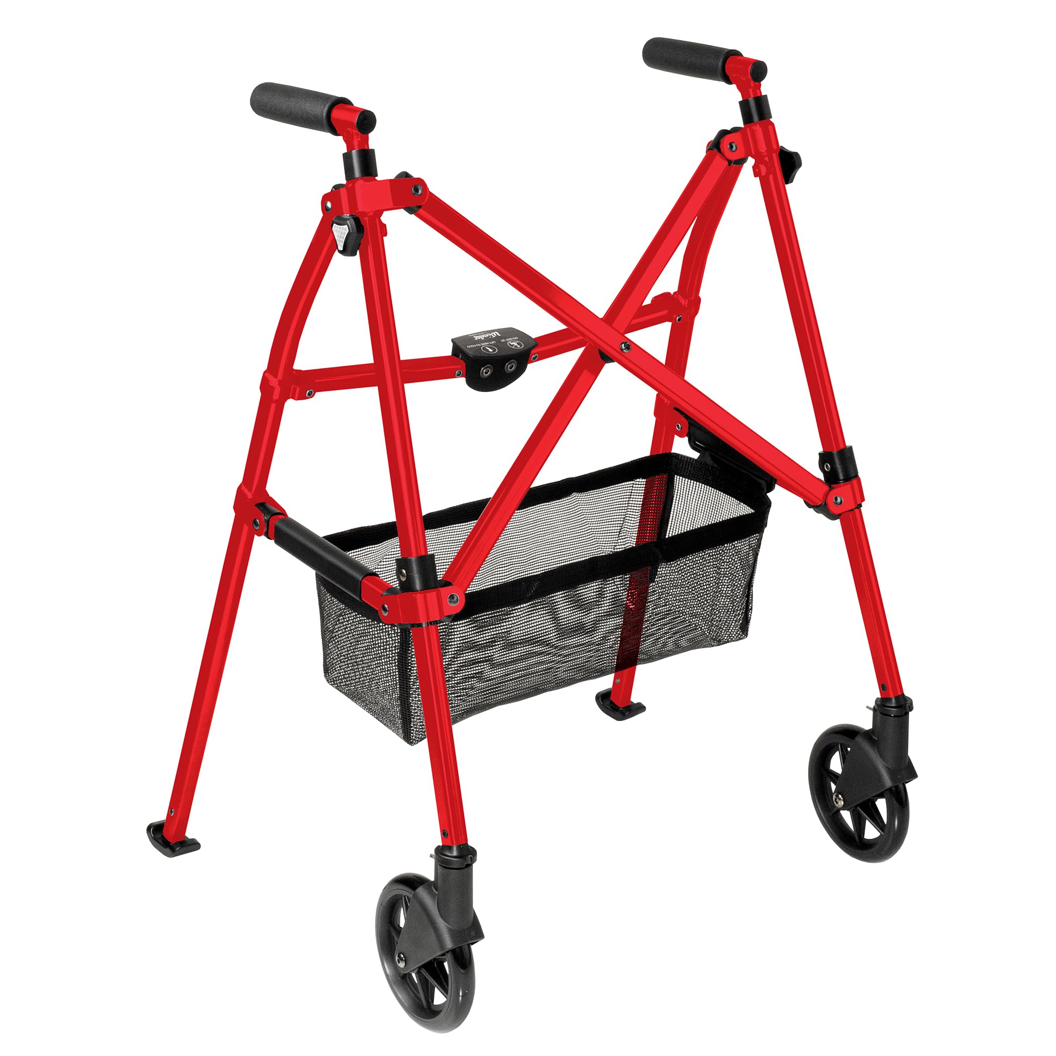 Stander Wonder Walker Plus, Lightweight Folding Mobility Aid for Adults, Seniors, and Elderly, Collapsible Travel EZ Fold-N-Go with Wheels, Glides, & Basket, Sport Red