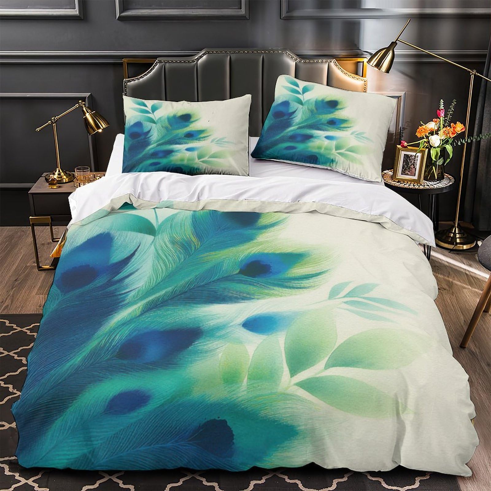 Housse de couette plumes de paon 135x200 cm en microfibre douce pour lit simple enfant et adulte