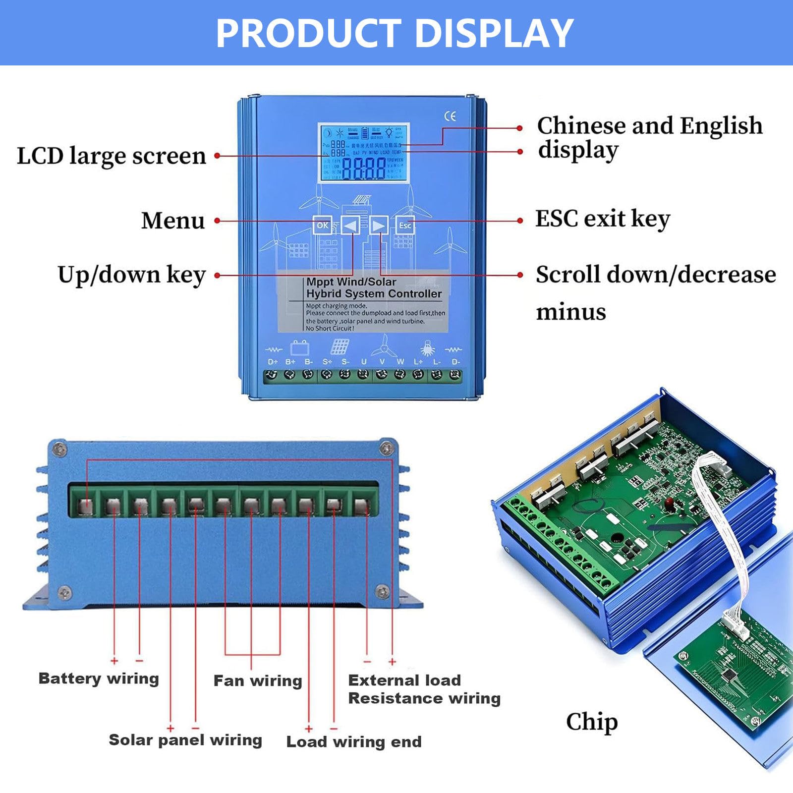10000W vindladdningsregulator för off-grid vindkraftssystem, solenergihybrid laddningsregulator, digital intelligent regulator med LCD-display 48V