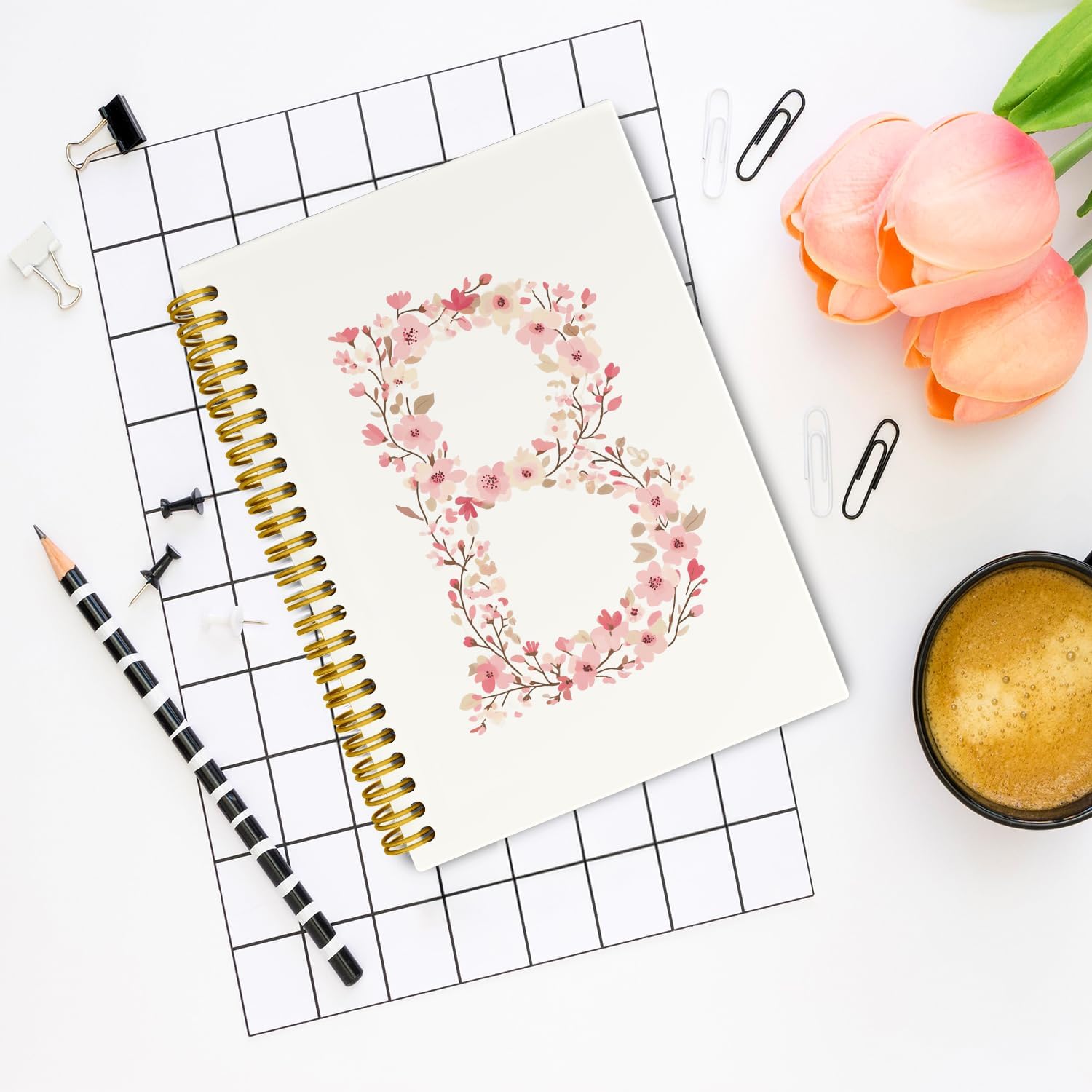 Pink Cute Spiral Notebook Journal, Preppy Floral Initial Letter B Personalized Journaling Notebooks, Monogrammed Gifts for Women Girls, Botanical Hardcover Spiral Lined Notebook 5.5 x 8.3 - Image 2