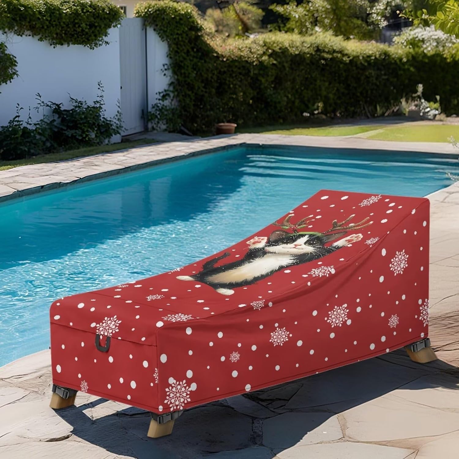 Christmas Snow Cat Patio Lounge Chair Covers Waterproof Universal Outdoor Chaise Lounge Covers Anti Slip Washable Outdoor Chaise Cover with Buckle Tape Christmas Decor 64"Lx30"Wx30"H