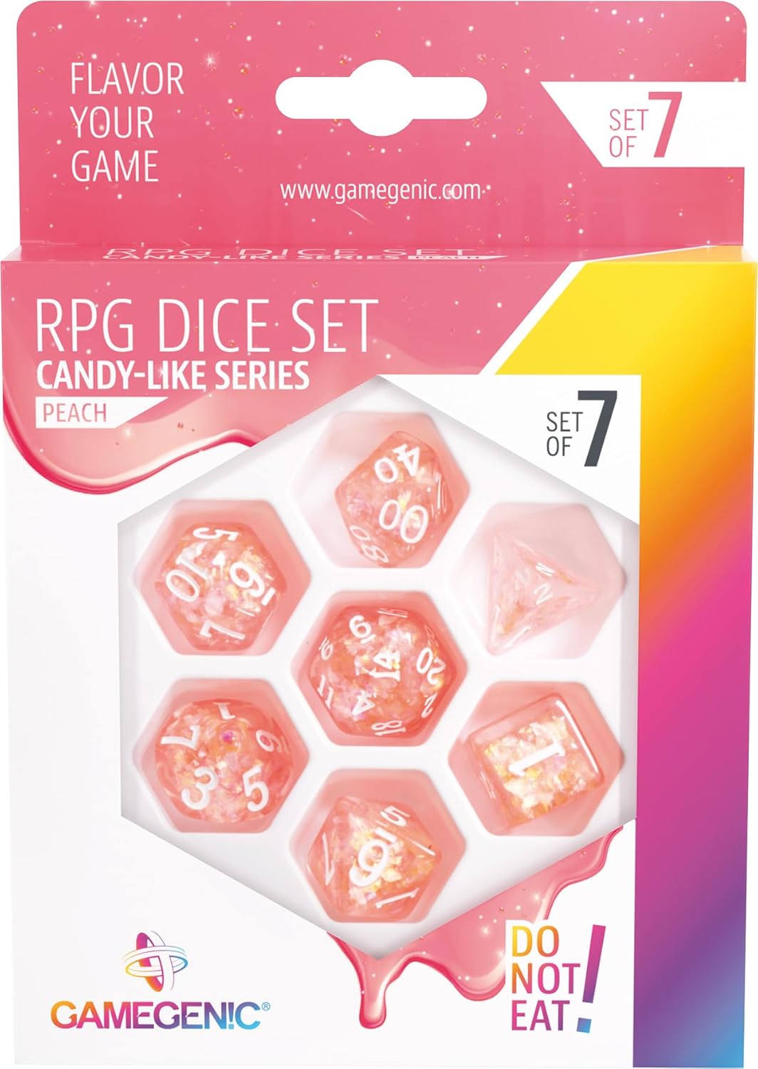Candy-Like Series RPG Dice Set | Set of 7 Dice in a Variety of Sizes Designed for Roleplaying Games | Premium Quality Resin Dice with Beautiful Glitter Flakes | Peach Color | Made by Gamegenic