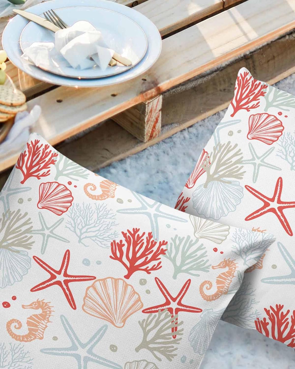 Pack of 2 Red Coral Shell Starfish Outdoor Pillow Waterproof Covers 26x26 inch, Ocean Abstract Bubble Polyester Throw Pillow Covers Garden Cushion Decorative Case for Patio Couch Decoration