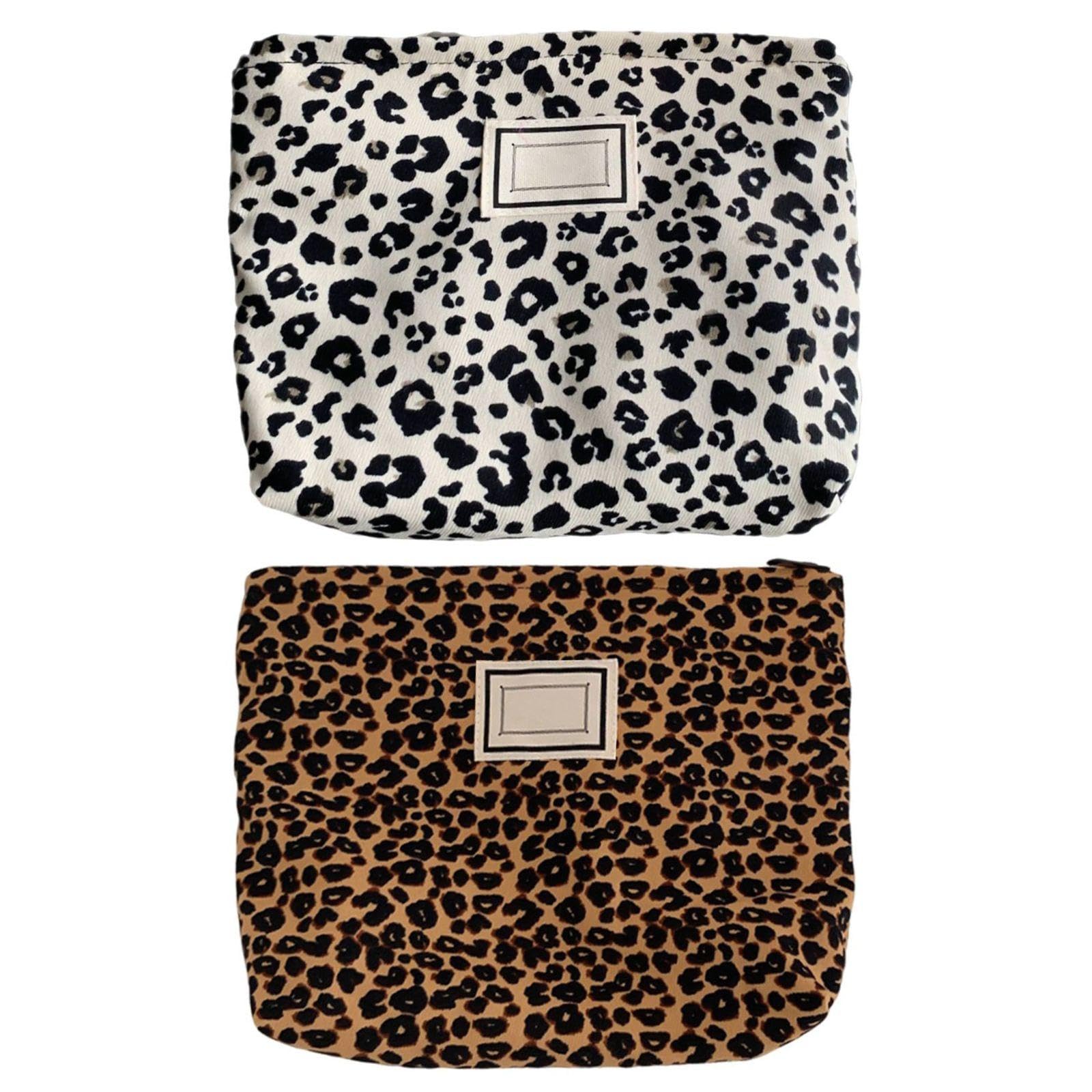 2 Pieces Leopard Print Cosmetic Bag Canvas Travel Fashionable Personalized Large Capacity, Brown Leopard Print
