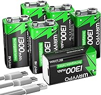 Vista 7 de WAVYPO Paquete de 2 baterías recargables de 9 V de 1300 mAh, baterías de iones de litio de 9 voltios de larga duración con cable de carga rápida