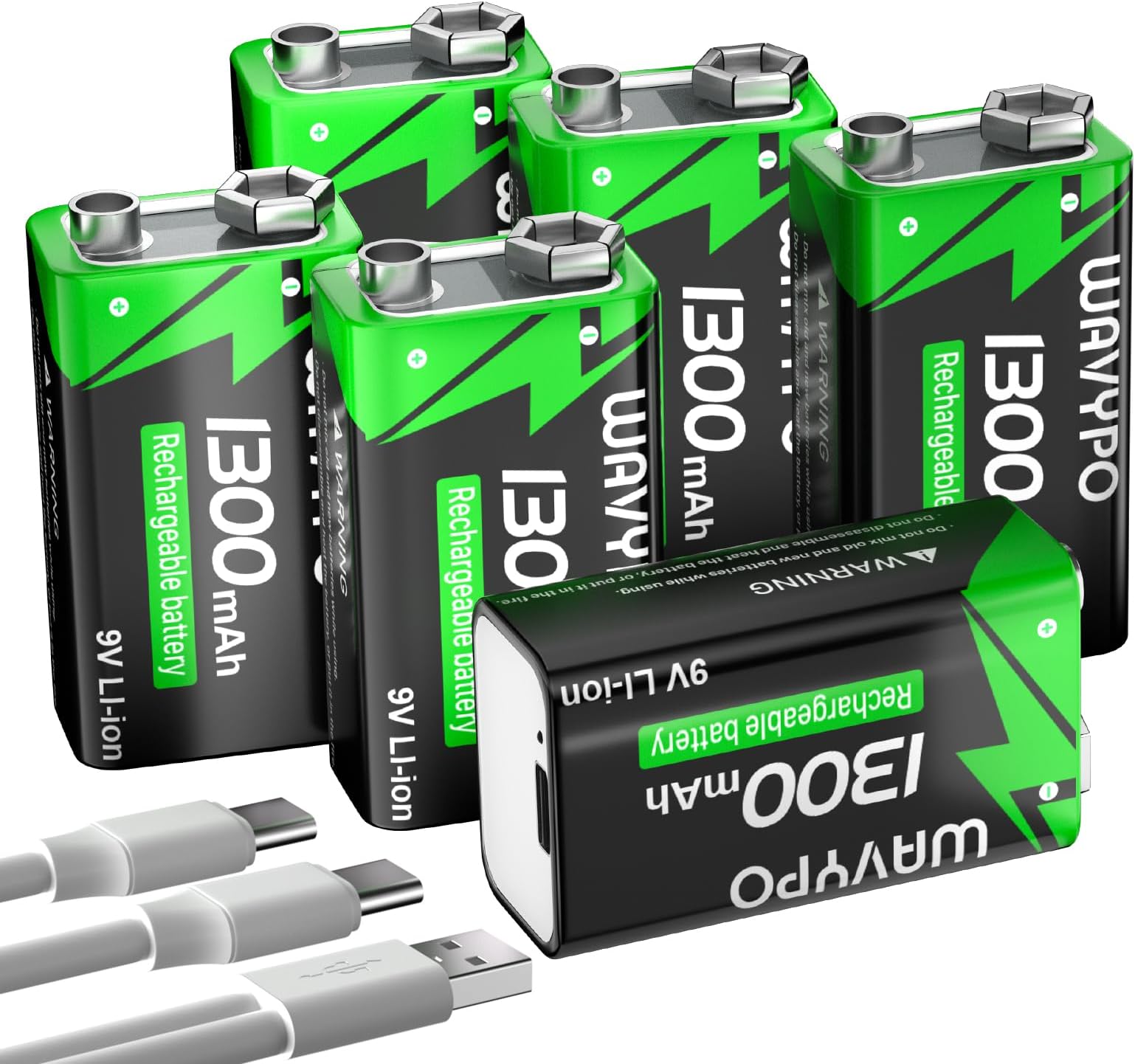Rechargeable 9V Batteries, 1300mAh 9 Volt Lithium-ion Batteries Long Lasting 9V battery with 2 in 1 USB-C Fast Charging Cable for Smoke Detector Alarms, Microphone, Toys, walkie-Talkie etc (6 Pack)