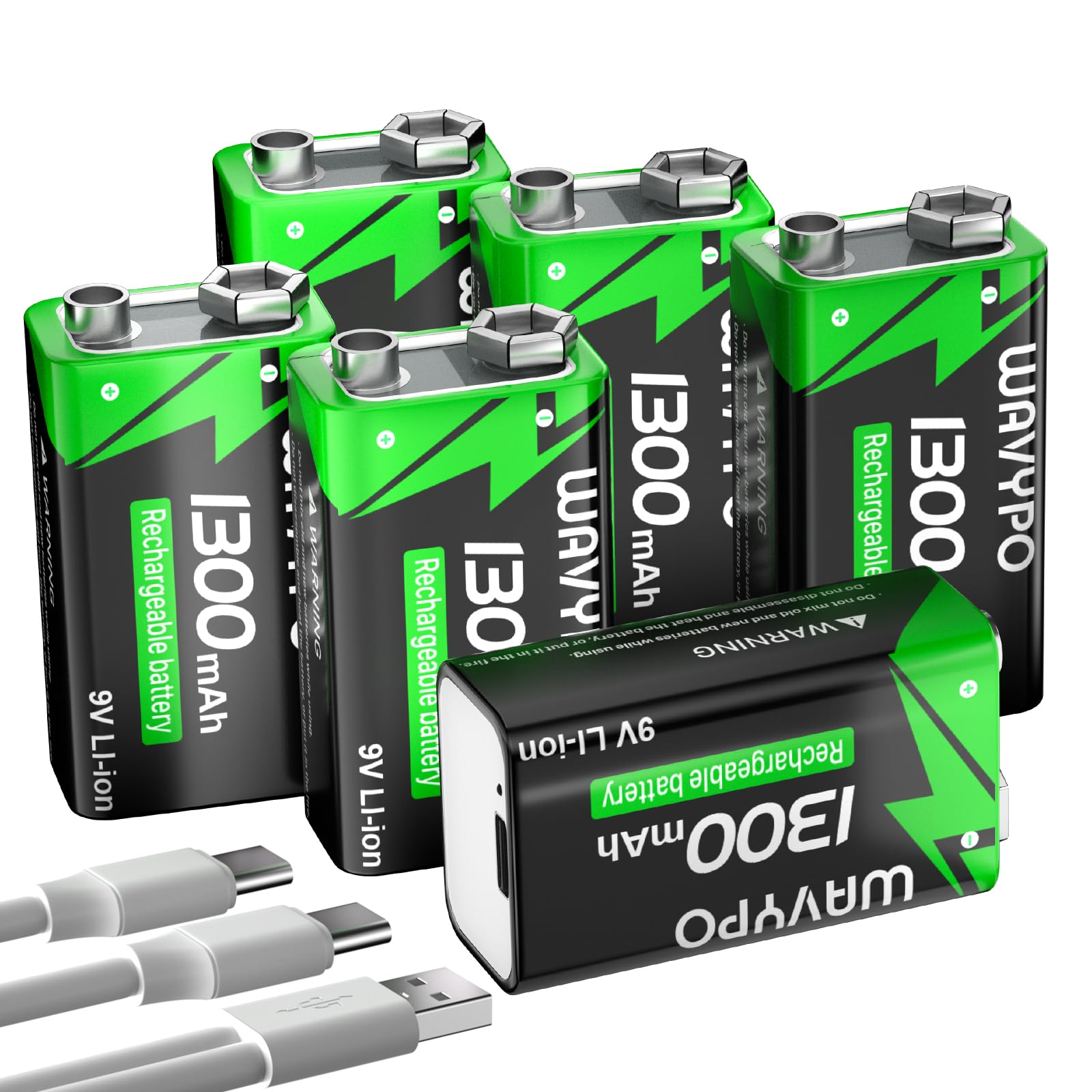 Rechargeable 9V Batteries, 1300mAh 9 Volt Lithium-ion Batteries Long Lasting 9V battery with 2 in 1 USB-C Fast Charging Cable for Smoke Detector Alarms, Microphone, Toys, walkie-Talkie etc (6 Pack)