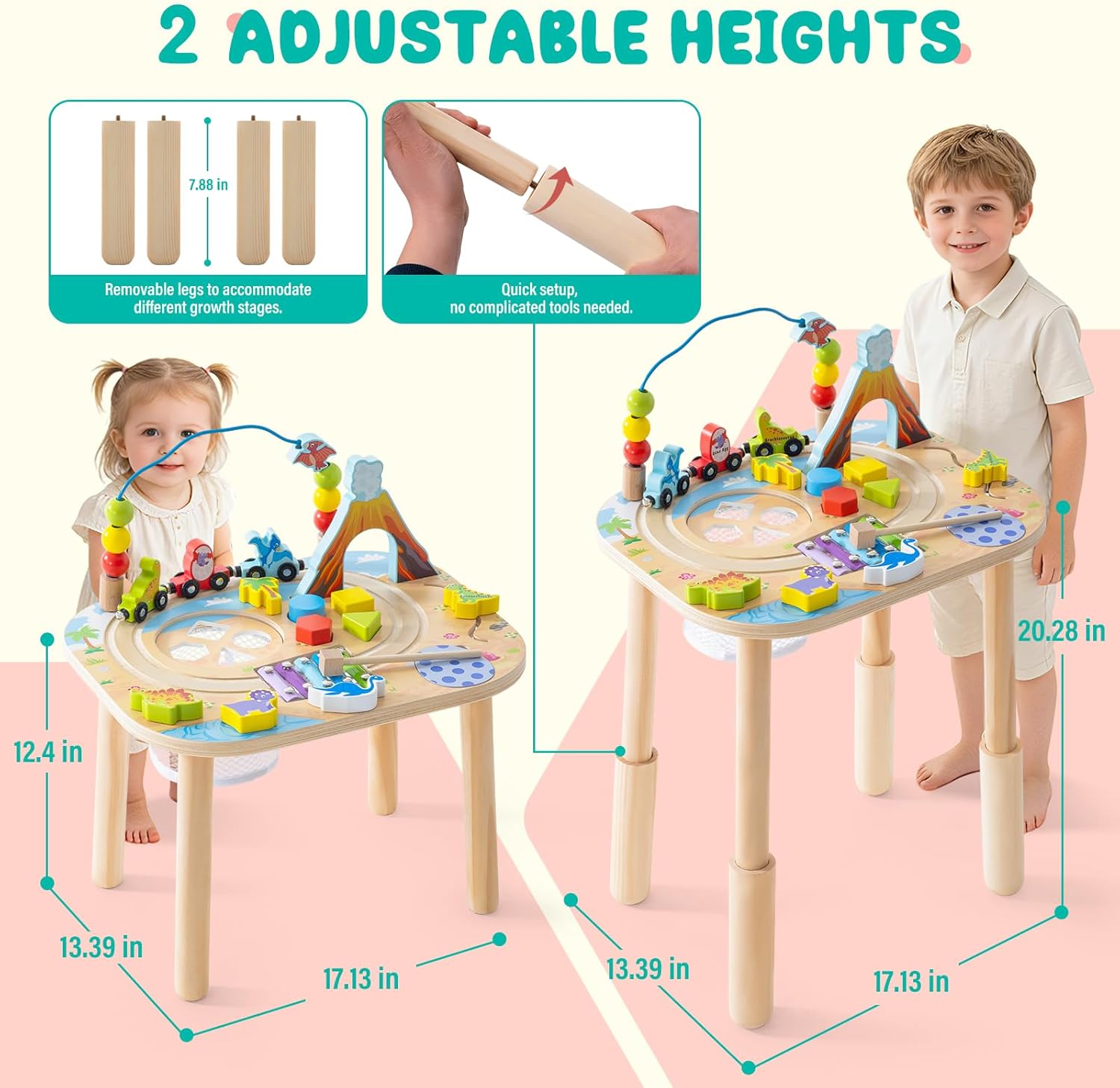 Wooden Activity Table for Toddlers 1-3 Year, 9-in-1 Montessori Activity Table with Adjustable Height, Train, Sorter, Xylophone, Baby Sensory Educational Learning Toys, Birthday Gift (Dinosaur)