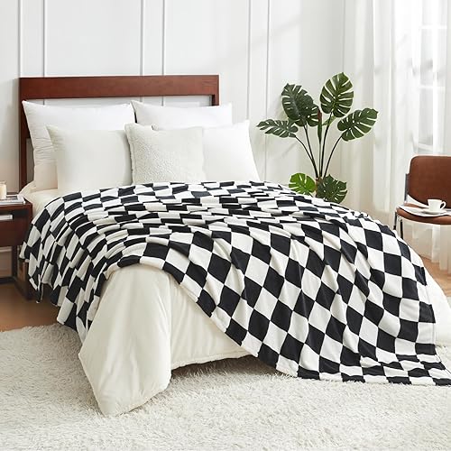 Miniatura 1 de Cozy Bliss Manta de cama a cuadros tamaño Queen  Manta de felpa ultra suave y cálida para cama, color negro y blanco, 90 x 90 pulgadas