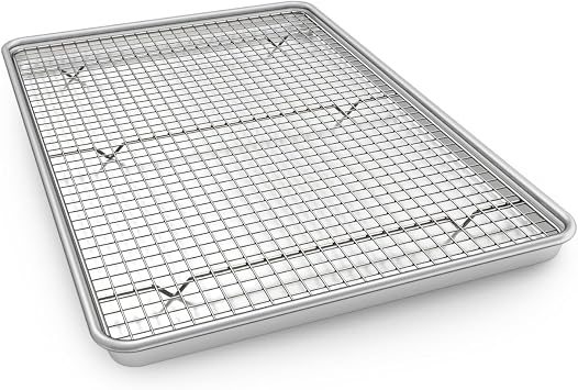 Half Sheet Pans with Rack Set, 13 Inch Commercial Quality Baking Sheet Pan Set, Natural Aluminum Cookie Sheet, Warp Resistant Nonstick Thick Cookie Tray Pans for Baking, Roasting