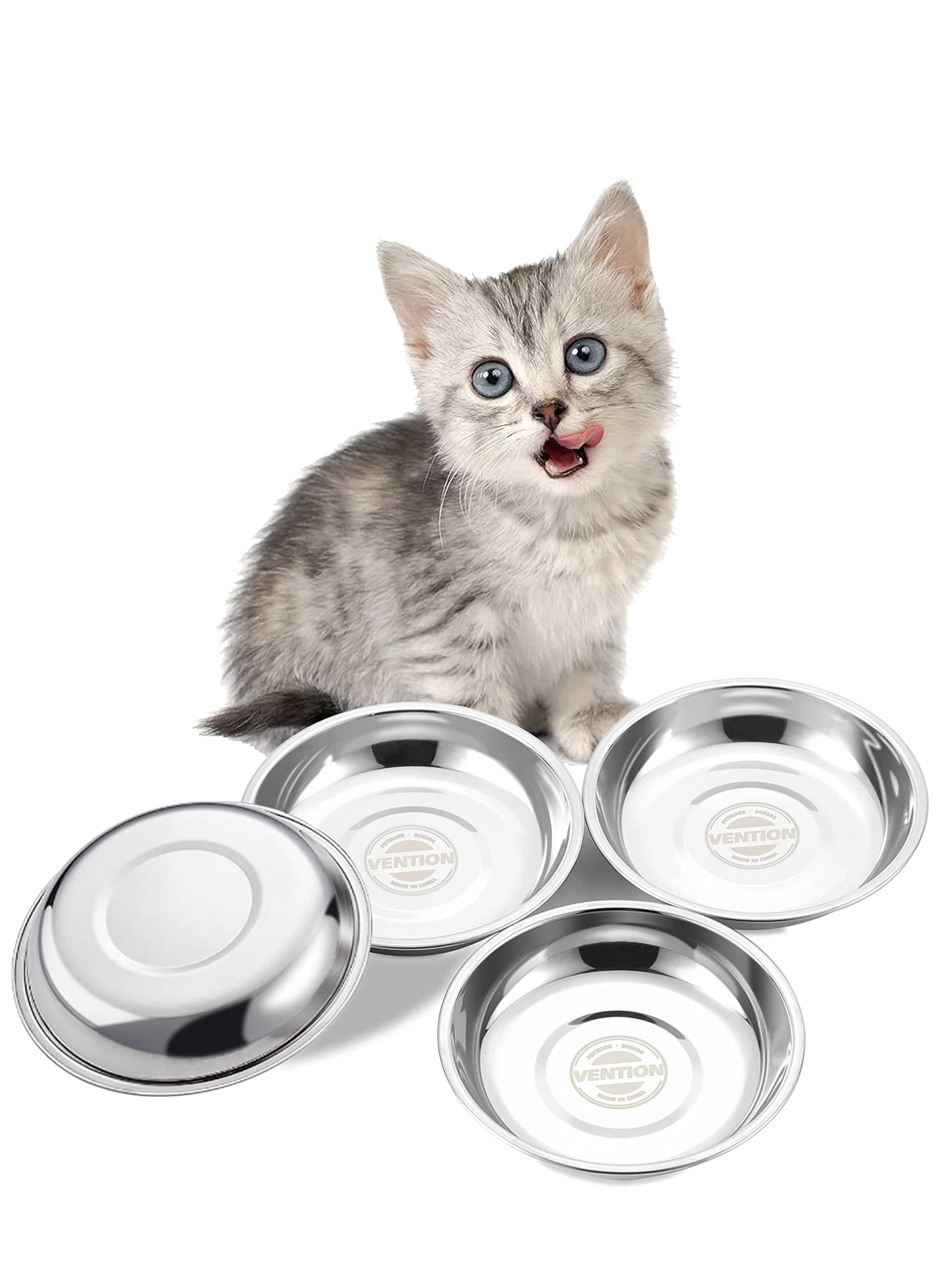 VENTION Ciotole per Gatti in Acciaio Inox Basic 320 ml, Ciotola di Cibo per Gatti Poco Profondi 14,6 cm, Set di 4 Ciotole di Sostituzione per Mangiatoie, Lavabili in Lavastoviglie