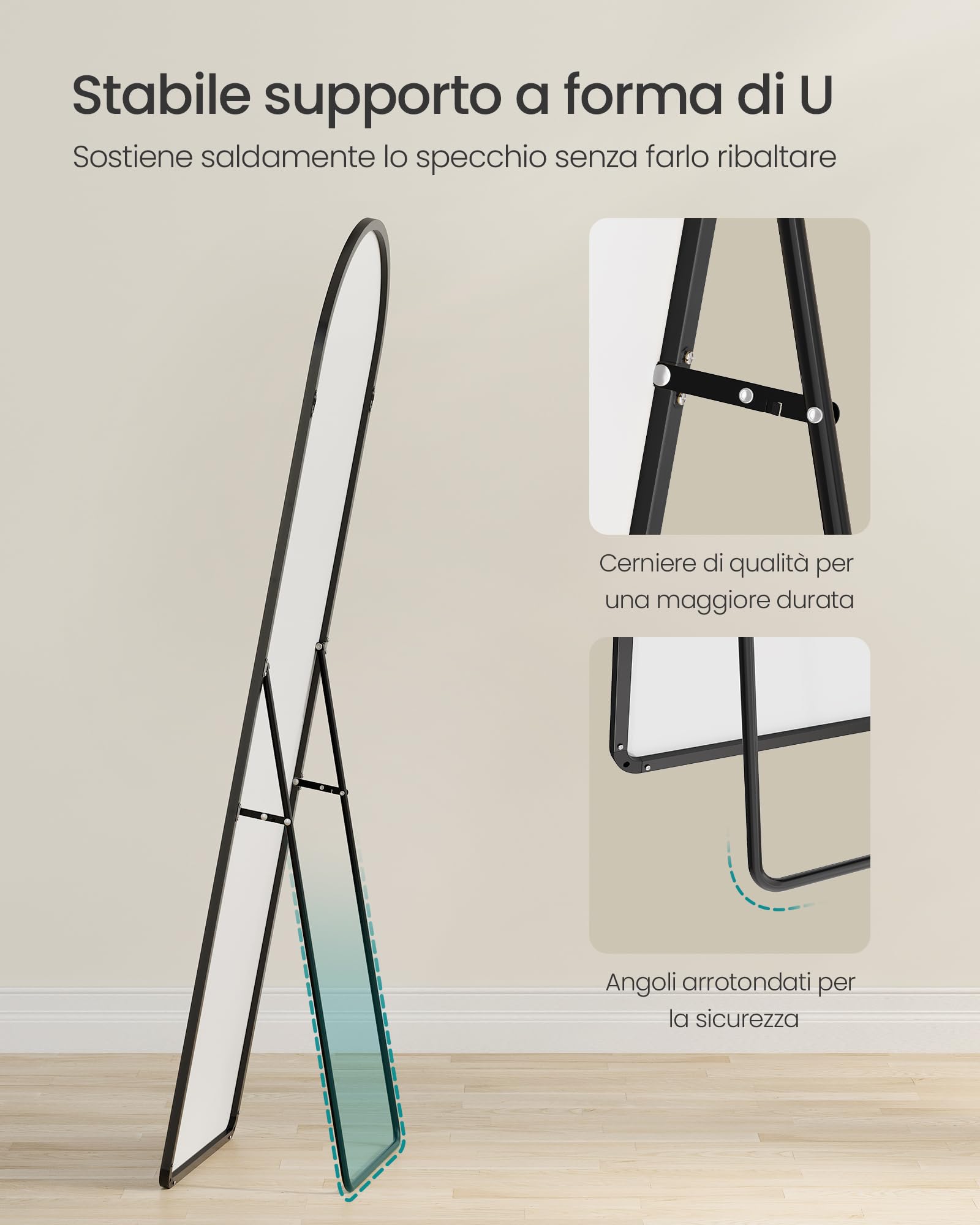 SONGMICS Specchio a Figura Intera, 150 x 40 cm, Specchio da Terra ad Arco con Supporto, Cornice in Lega di Alluminio, Vetro Temperato, Camera da Letto Soggiorno, Nero Inchiostro LFM055BD01