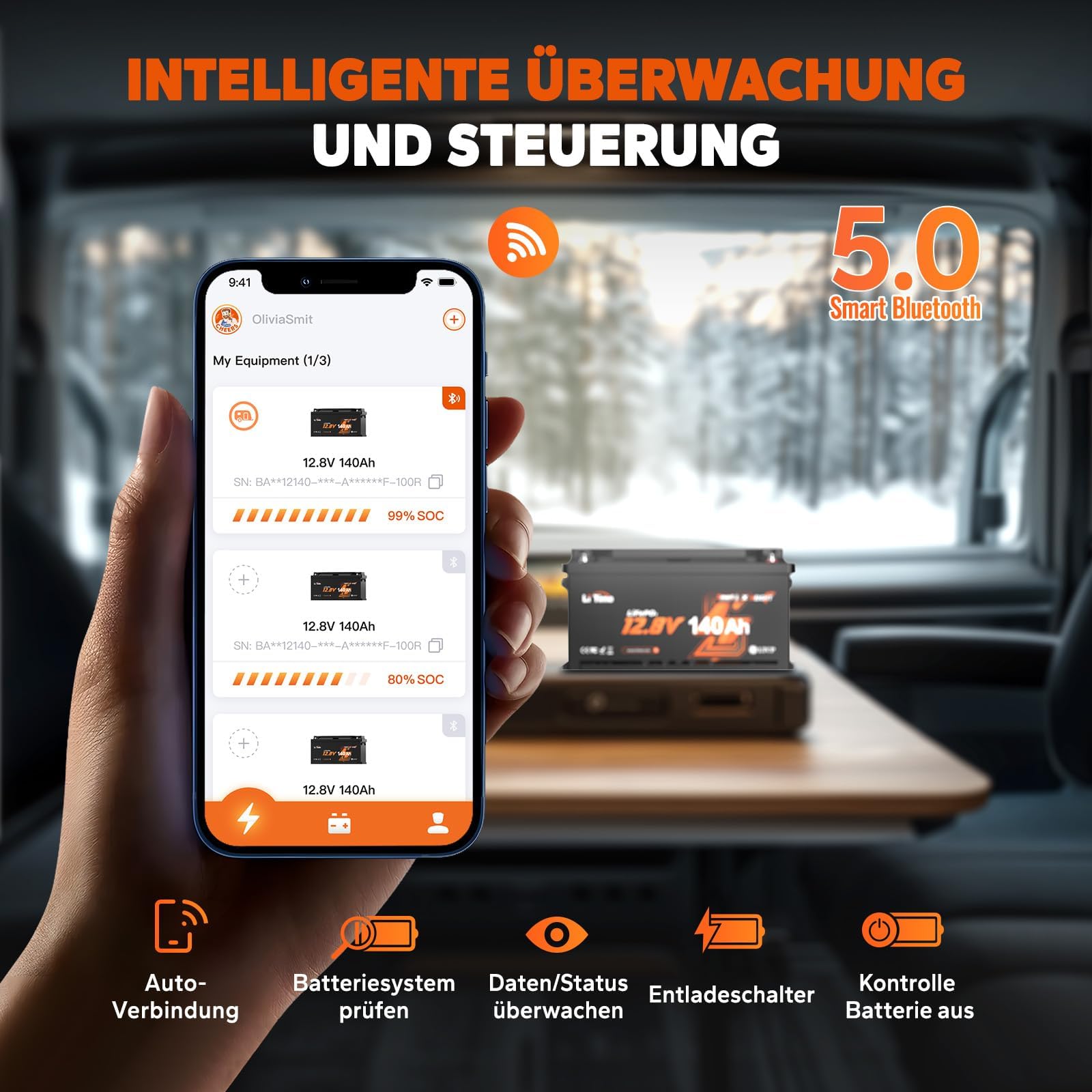 LiTime LiFePO4 12V 140Ah H190 Lithium Batterie Bluetooth, Upgrade 150A BMS mit Niedrigtemperaturschutz, 1792Wh Energie, Max. 15000 Deep Cycle Batterie für Wohnmobile, Boot, Off-Grid, Camping