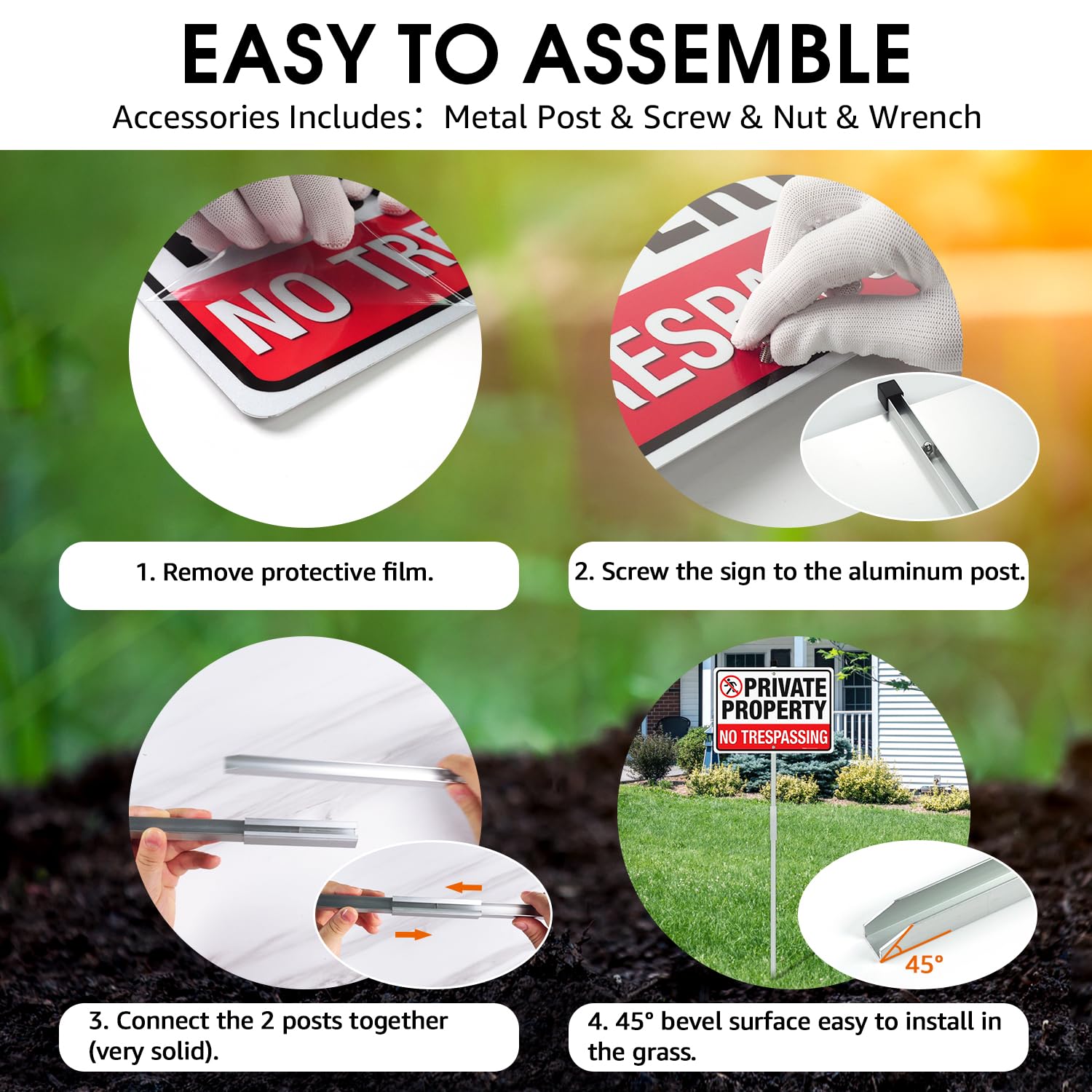 Faittoo Letrero de prohibido pasar propiedad privada con estaca de 36 pulgadas para exterior, paquete de 4 unidades de aluminio pesado libre de óxido de 14 x 10 pulgadas, reflectante, resistente a la