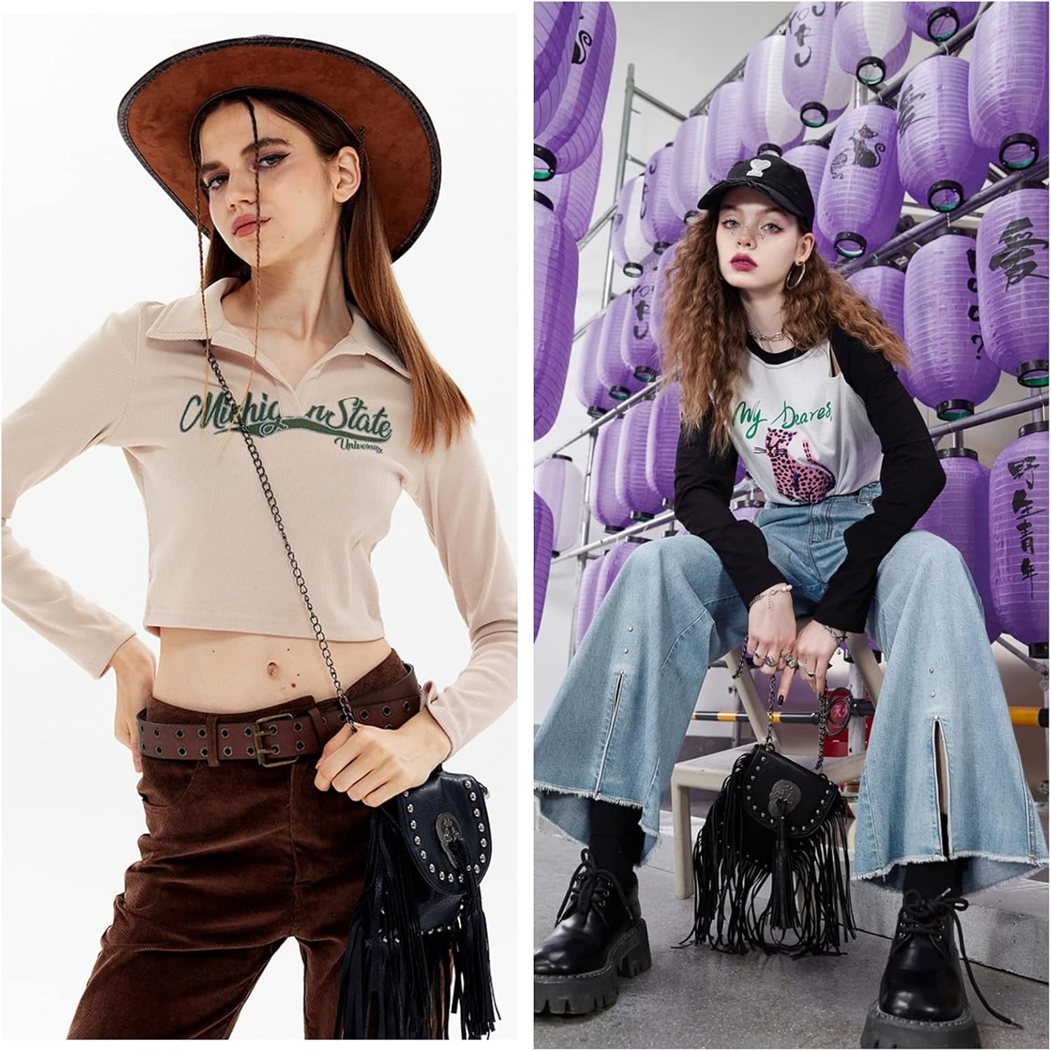 Y2K Punk Fringe Bag Novelty Tassel Gothic Western Crossbody Purse Women Sourpuss Shoulder Rockstar Halloween
