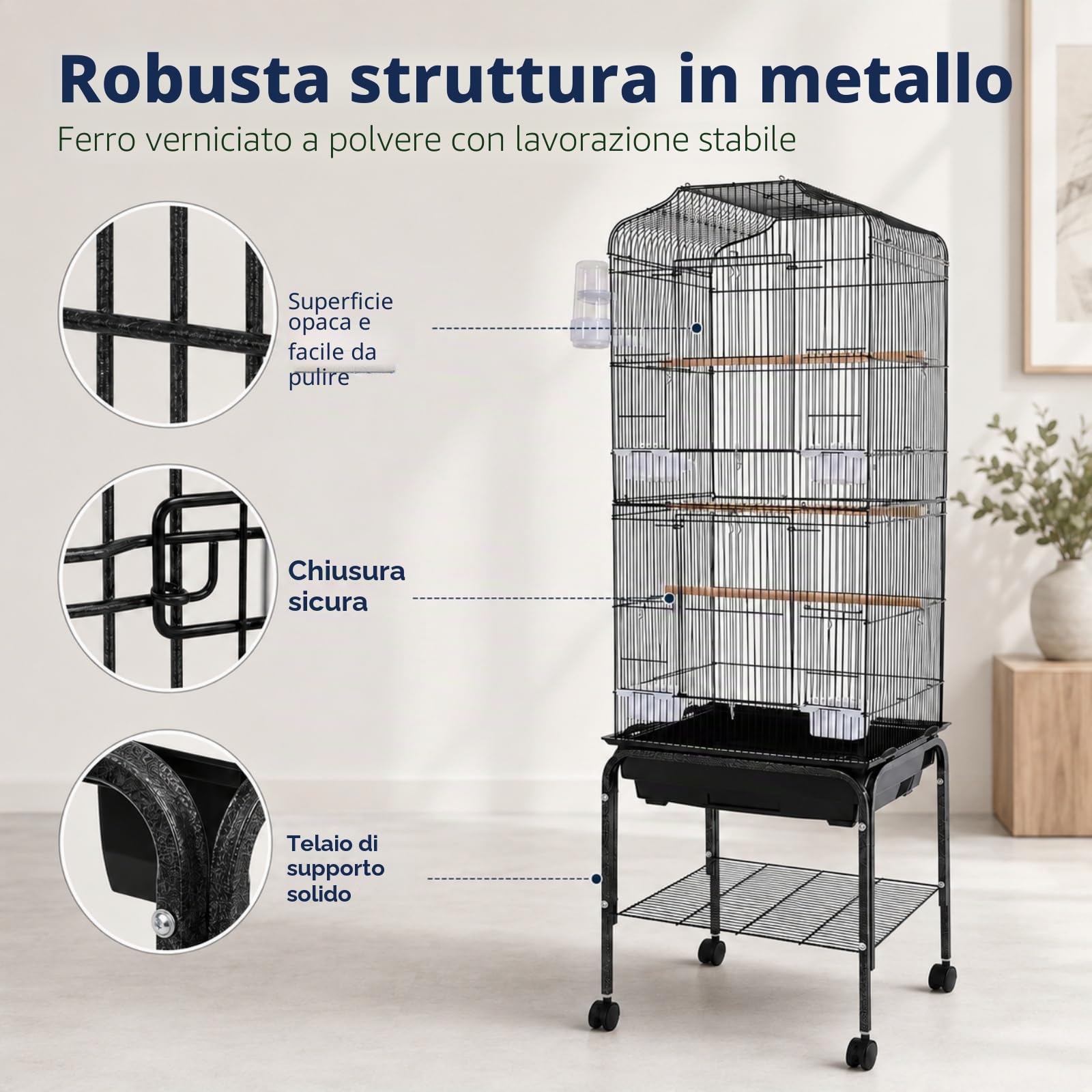Gabbia per uccelli grande, 47 x 37 x 137,5 cm, per uccelli con ruote, casetta per uccelli con 4 mangiatoie e ciotola per pappagallini, pappagallini