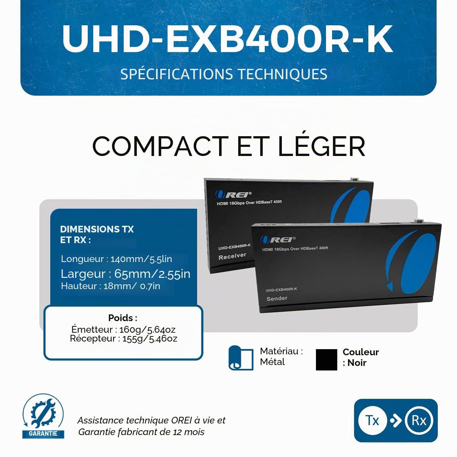 Orei - Rallonge HDMI 4K - HDBaseT UltraHD 4K @ 60 Hz 4:4:4 sur câble simple CAT5e/6/7 avec contrôle HDR, CEC et IR, RS-232 - Jusqu'à 122 m - Boucle - Câble d'alimentation - Sortie audio