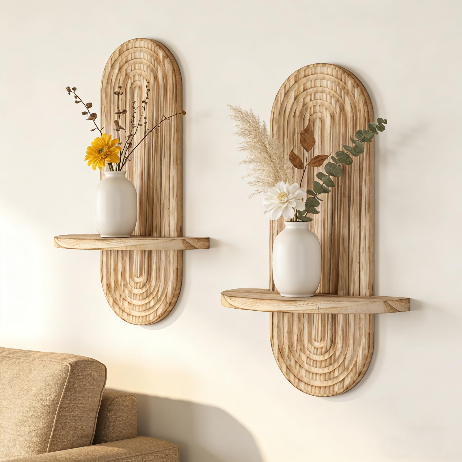 YiYa 2 Pcs Wood Shelves for Wall Decor Modern Boho Wall Shelf Arch Wood Floating Shelf Display Shelving for Hanging Plants Photo for Living Rooms Bathroom（Carbonized Grey）