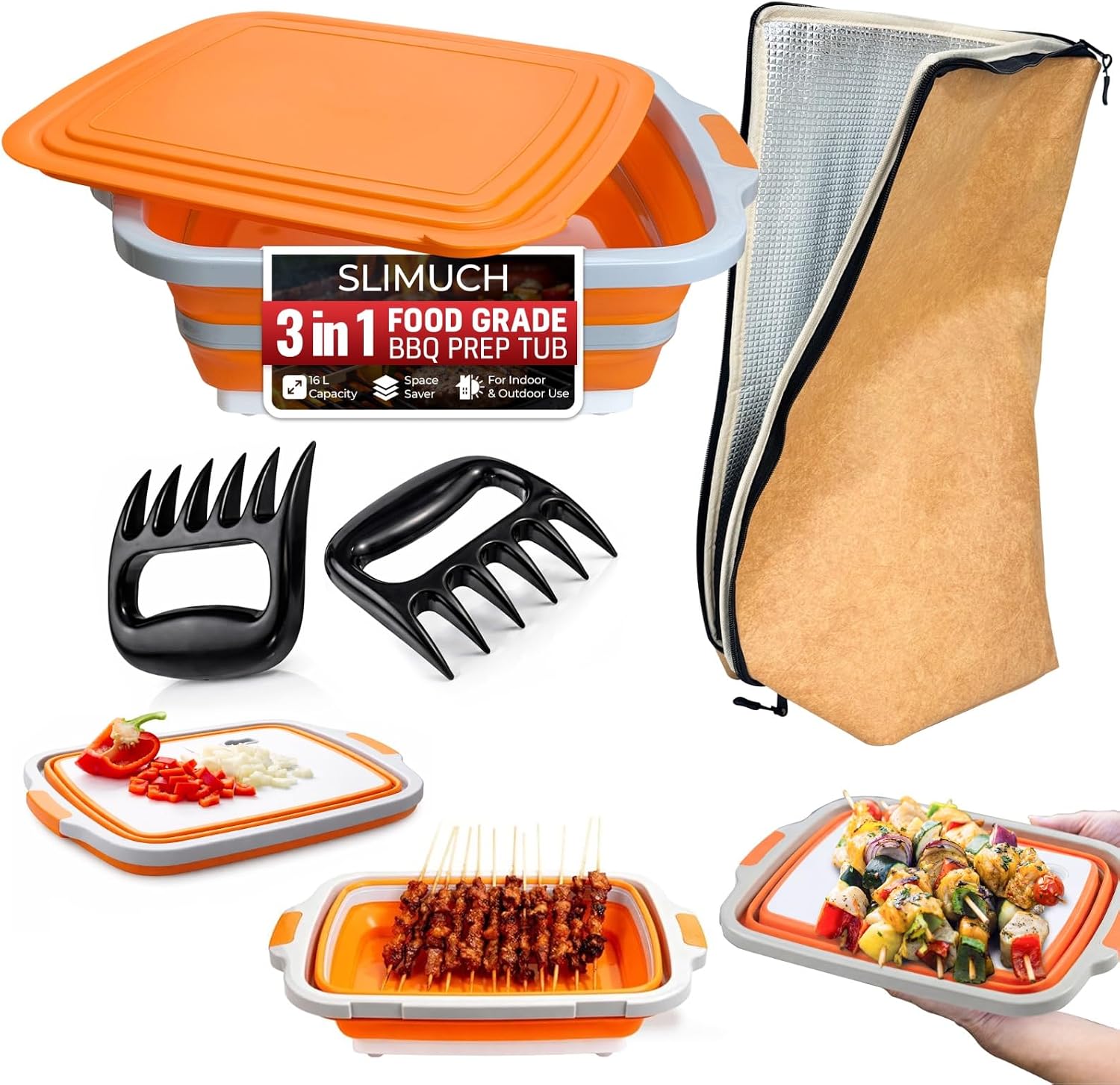 Collapsible BBQ Prep Tub with Lid,16L Capacity Foldable Cutting Board, Camping Sink with Dish Drain for Meal Prep, Marinating, Food Storage & Picnic – Includes Insulated Meat Resting Bag & 2PCS Claws
