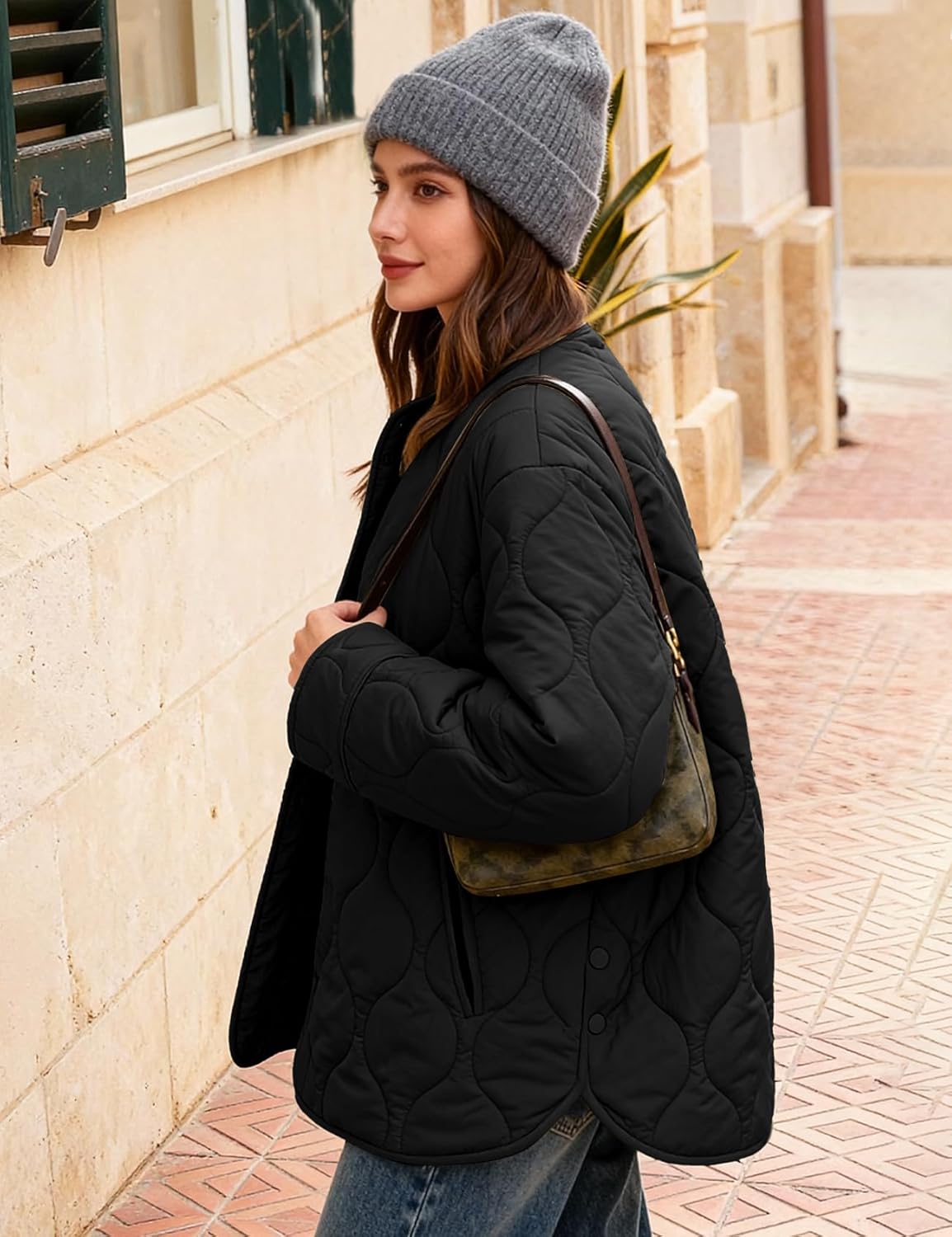 Flygo Women's Oversized Quilted Lightweight Jacket Button Down Puffer Padded Outerwear with Pocket - Image 6