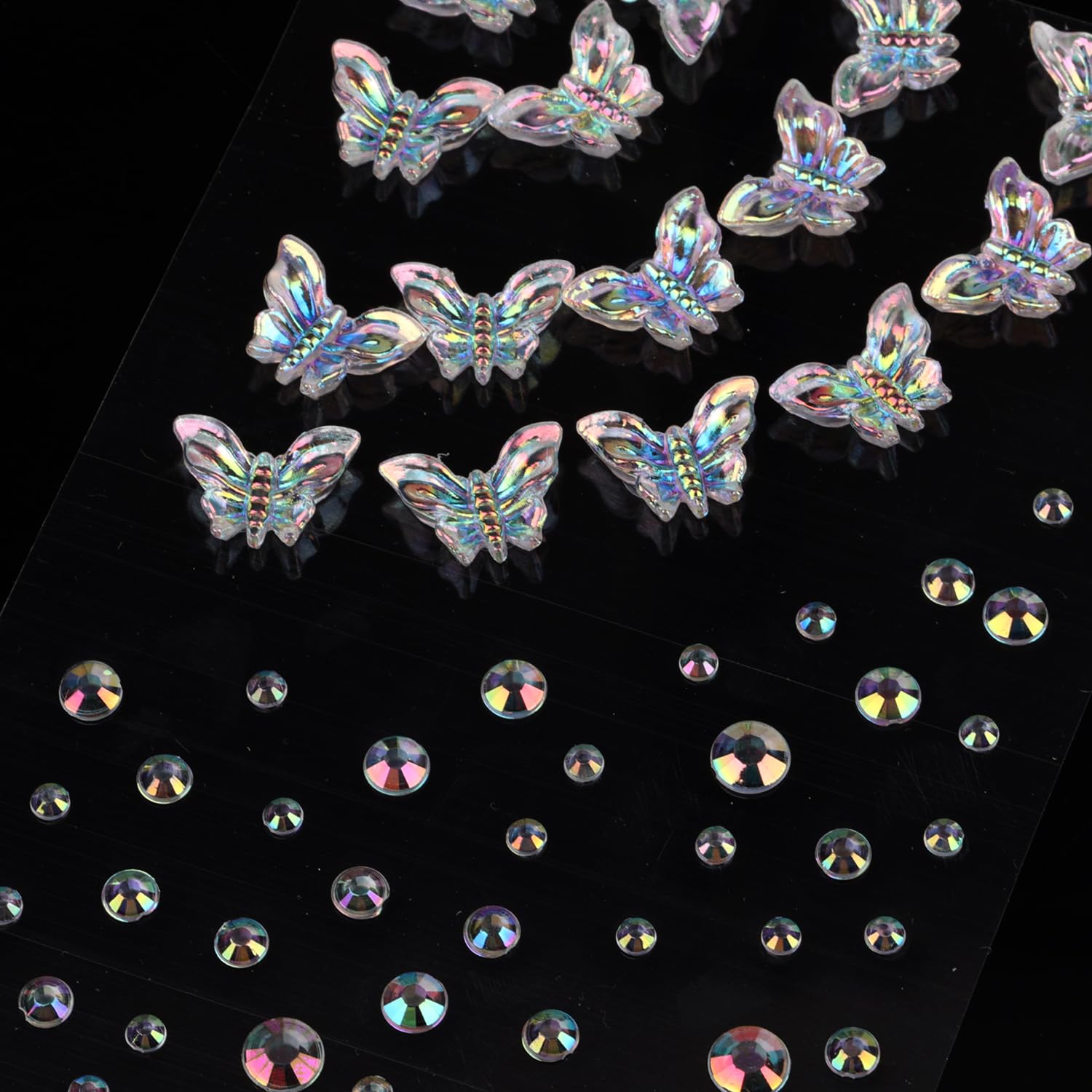 Strass-Aufkleber Set – 15 Schmetterlinge & 45 Runde Diamanten – Aurora-Optik – Für Gesicht, Nägel, Deko